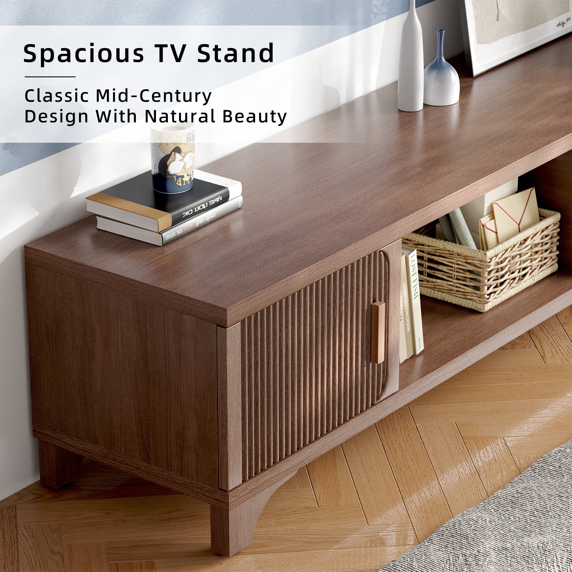 Furnibear Wood TV Stand Up to 70 Inch for Living Room, Mid Century Modern Entertainment Center, TV Console with Fluted Door Cabinets and Open Shelves, for Bedroom, Walnut