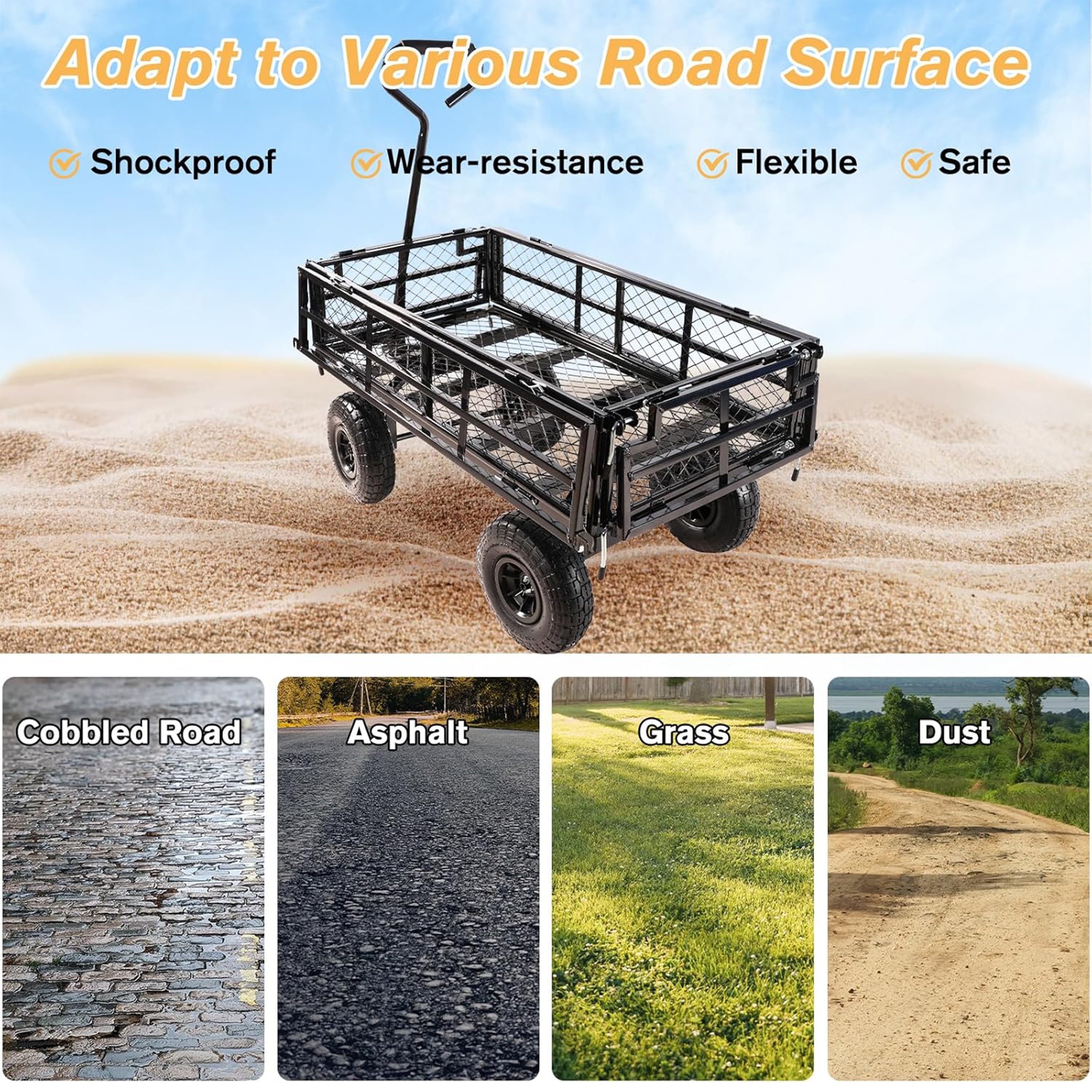 Furnibear Heavy Duty Steel Garden Cart 1500lbs Capacity, 6.35 cu ft, 40.55in x 27.56in Folding Utility Wagon with Double-Layer Removable Side, Black