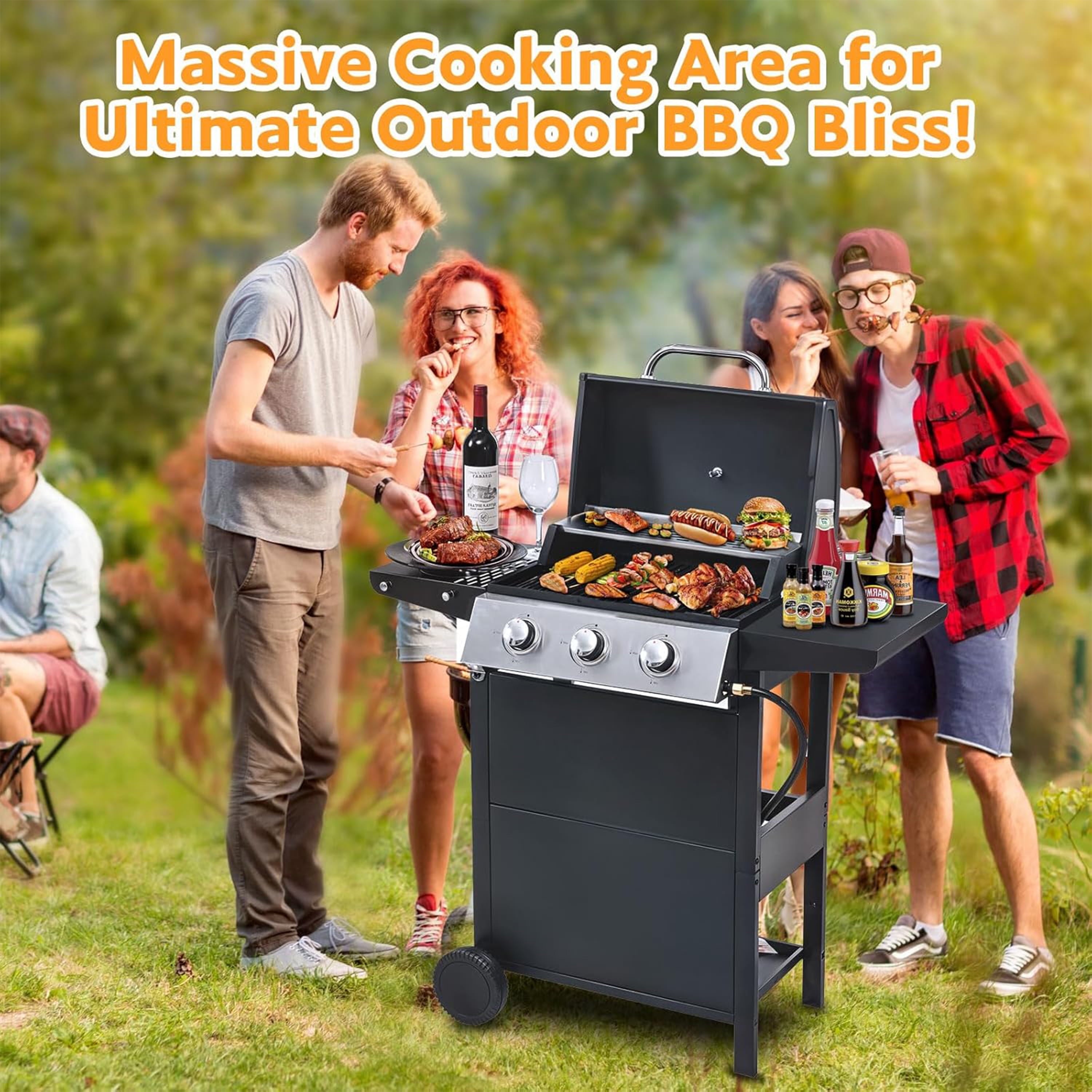 Furnibear 3 Burner BBQ Propane Gas Grill, Stainless Steel 26,000 BTU Patio Garden Barbecue Grill with Two Foldable Shelves