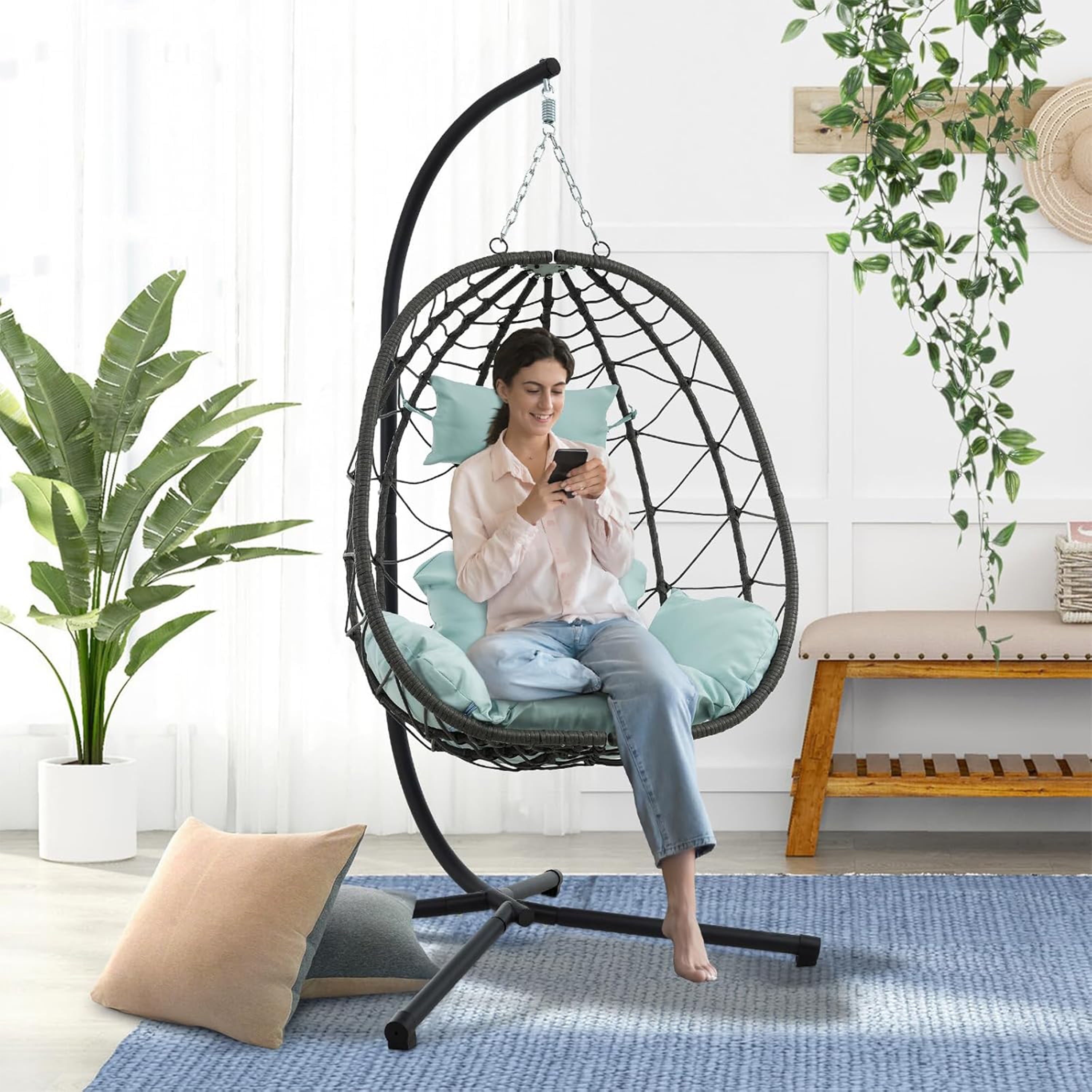 Furnibear Egg Chair with Stand,Patio Rattan Wicker Hanging Swing Egg Chair Hammock Chair for Bedroom Porch Garden,Thickened Aluminum Alloy Steel Frame