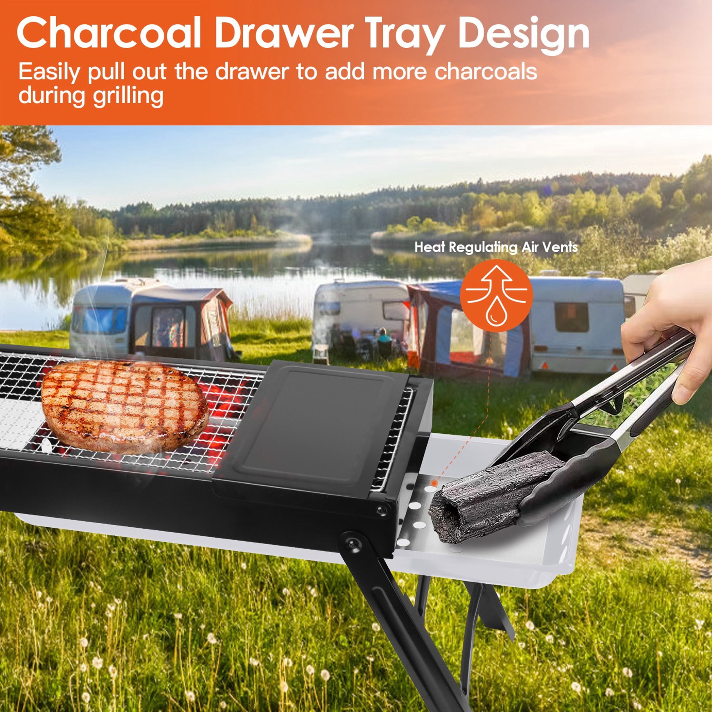 Furnibear Portable Charcoal Grill, Foldable Stainless Steel BBQ Grill with Side Table, Tabletop Grill for Outdoor Camping, Patio and Picnic
