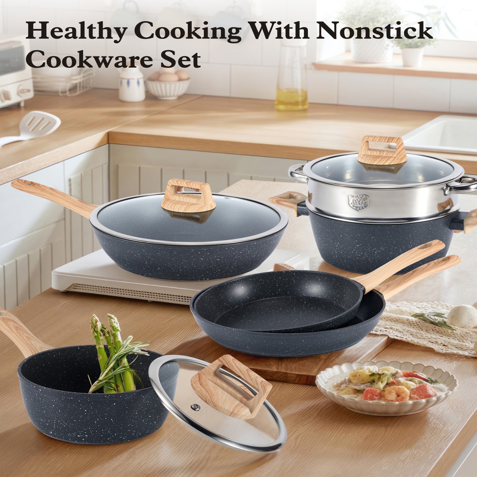 Furnibear?12-Piece Ceramic Nonstick Cookware Set - Granite Coated Frying Pans / Stock Pots, with Silicone Shovel/Spoon/Tongs, Compatible with All Stoves, Easy to Clean