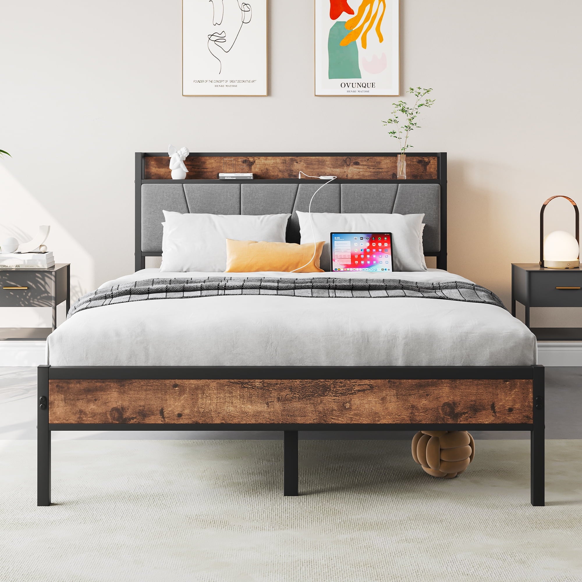Furnibear FULL SIZE Bed Frame with Storage Headboard and USB Charging Station, Sturdy Shake-Free Platform, No Box Spring Needed, Easy Tool-Free Assembly
