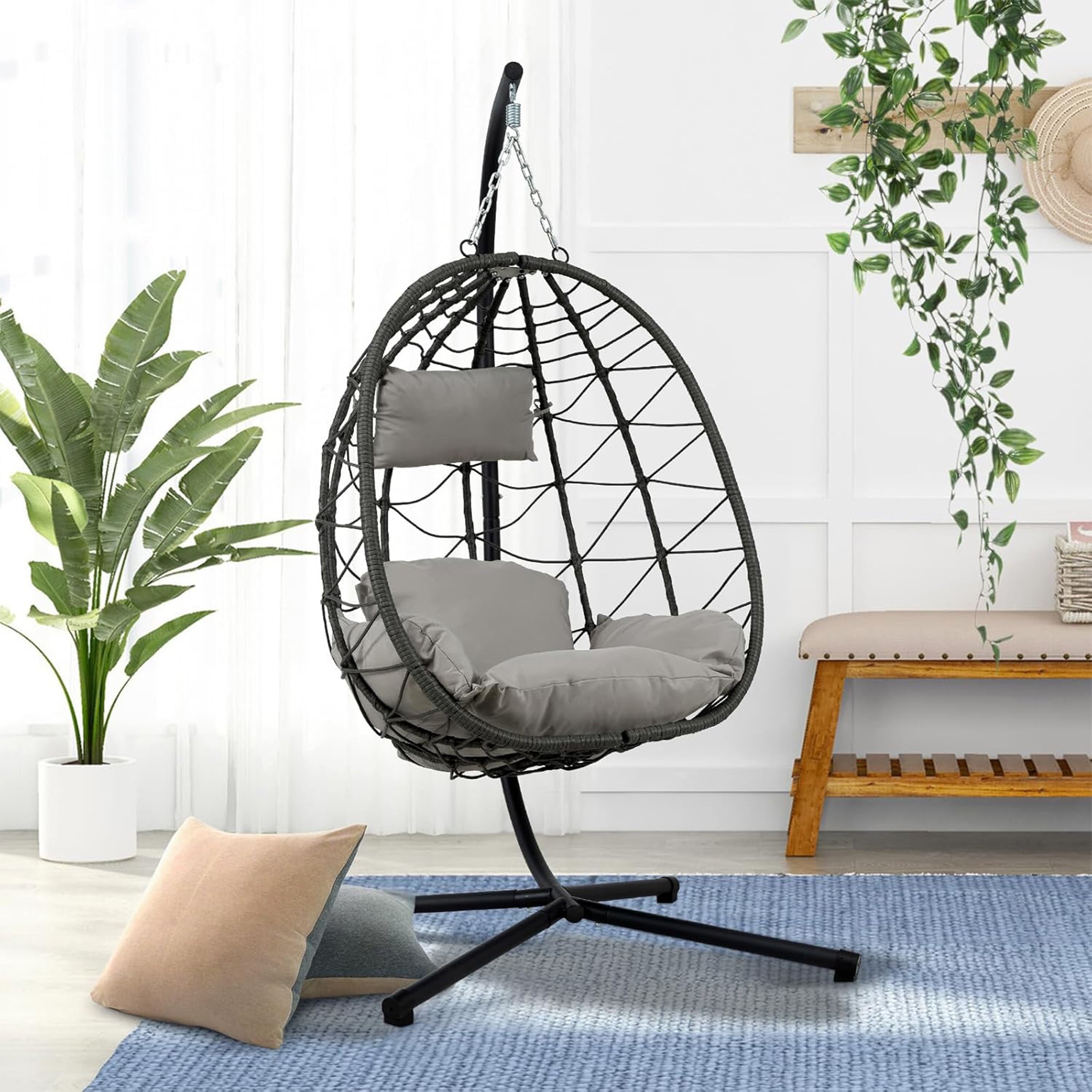 Furnibear Egg Chair with Stand,Patio Rattan Wicker Hanging Swing Egg Chair Hammock Chair for Bedroom Porch Garden,Thickened Aluminum Alloy Steel Frame