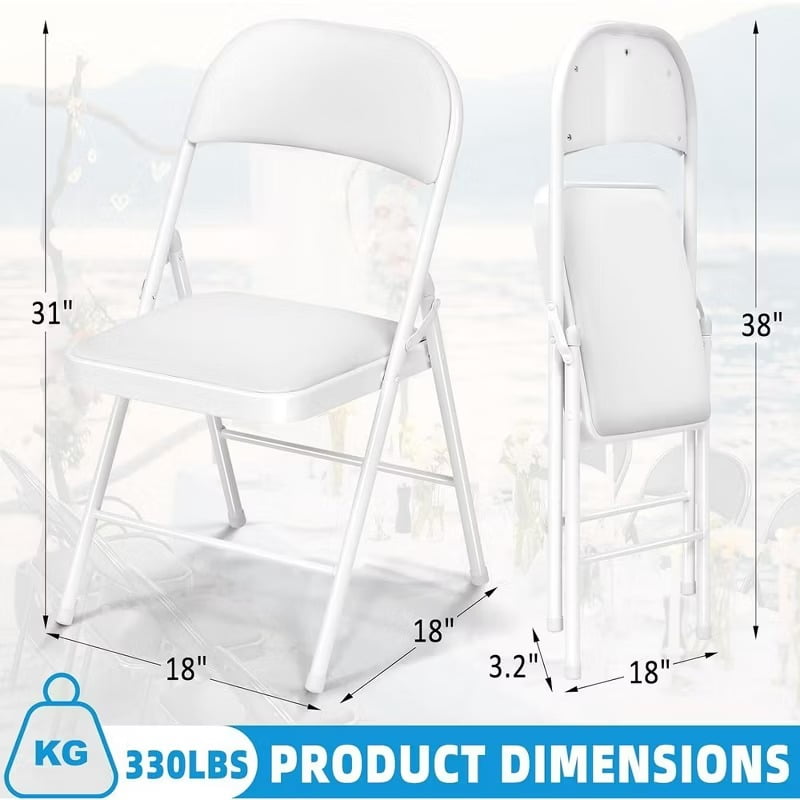 Furnibear 4 Pack Folding Chairs with Padded Vinyl Seat, Heavy-Duty Metal Frame, Supports 330 lbs, Portable Lightweight,White