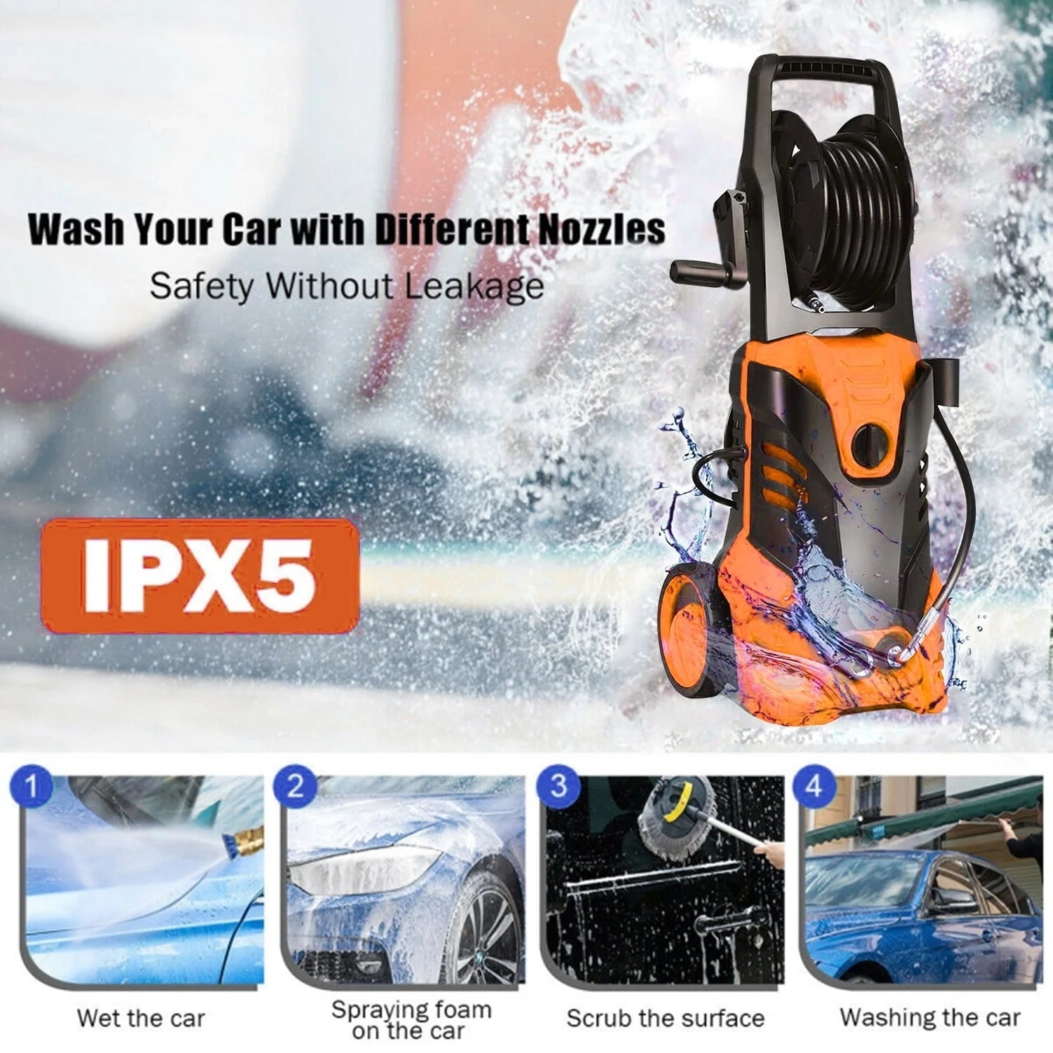 Pressure Washer, 3800PSI 2.6 GPM Max Power Washer Electric Powered for Cars, Fences, Patios, Decks, Patios,Orange
