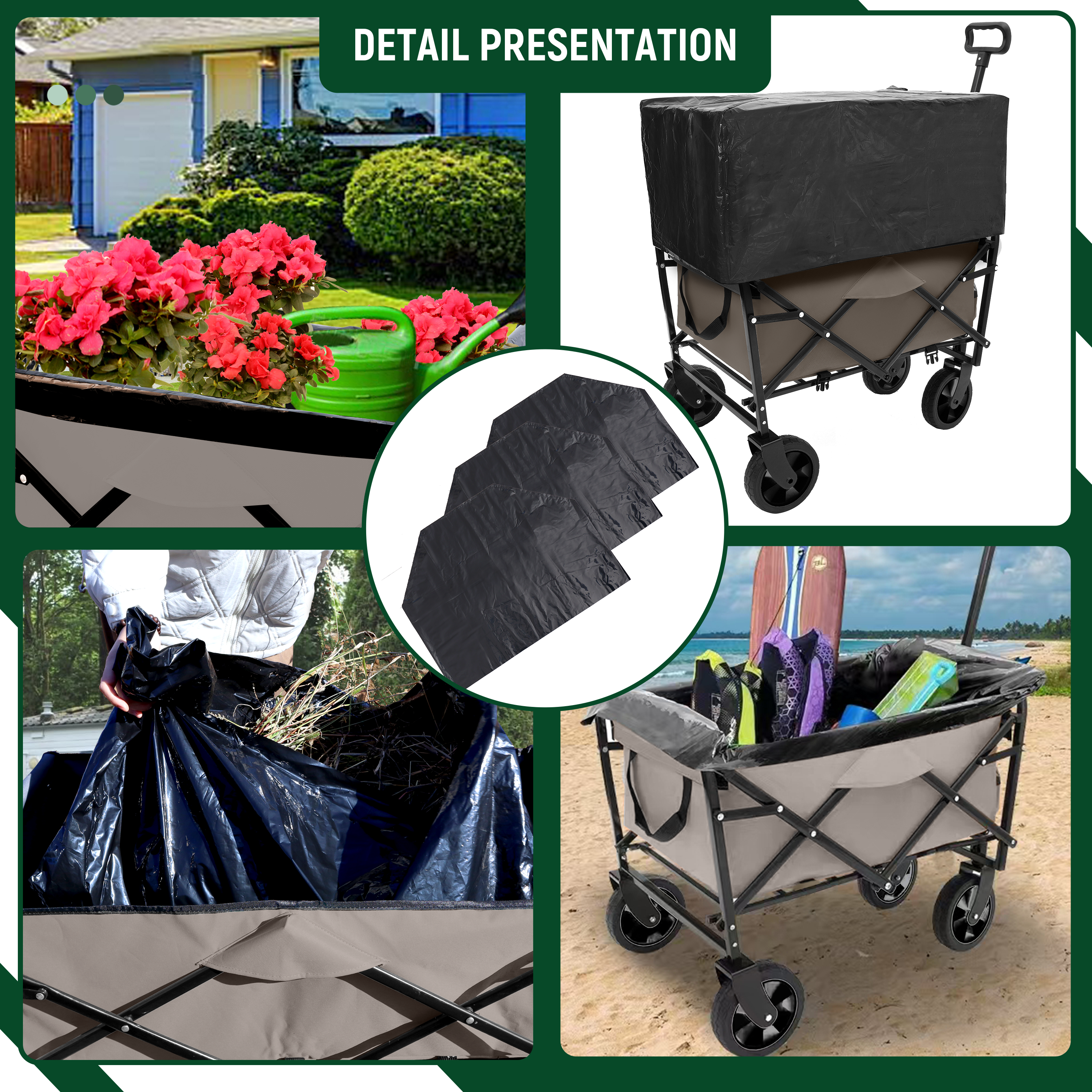 Furnibear Heavy-Duty Folding Wagon Cart with All-Terrain Wheels Includes 3 Liner Bags for Camping, Beach, Grocery,Olive Green