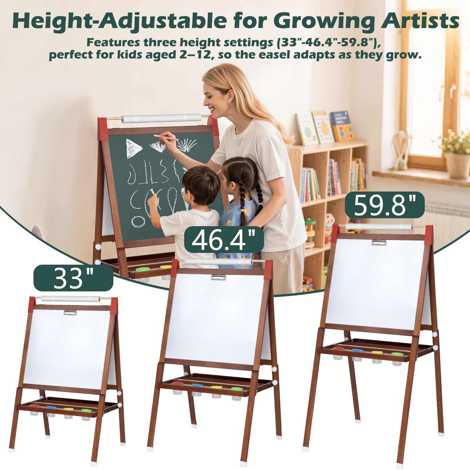Furnibear Wooden Height-Adjustable Kids Art Easel (Fits Ages 3-12) - Double-Sided Magnetic Board (Dry Erase Whiteboard + Chalkboard), Smooth Burr-Free, Easy to Clean, Natural wood color