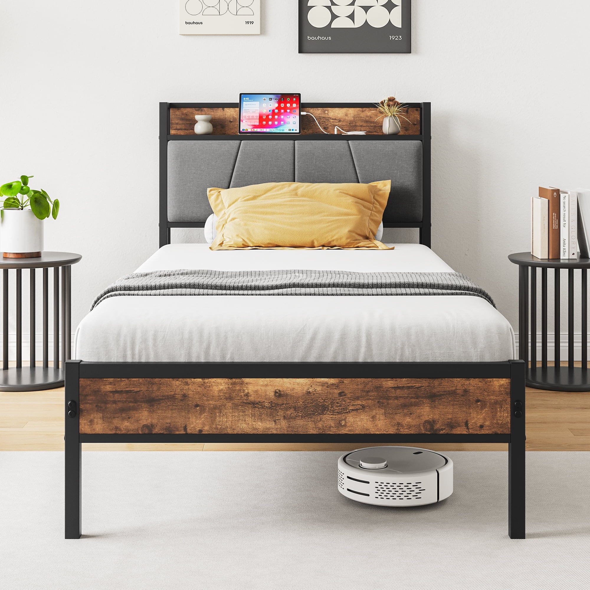 Furnibear TWIN SIZE Bed Frame with Storage Headboard and USB Charging Station, Sturdy Shake-Free Platform, No Box Spring Needed, Easy Tool-Free Assembly
