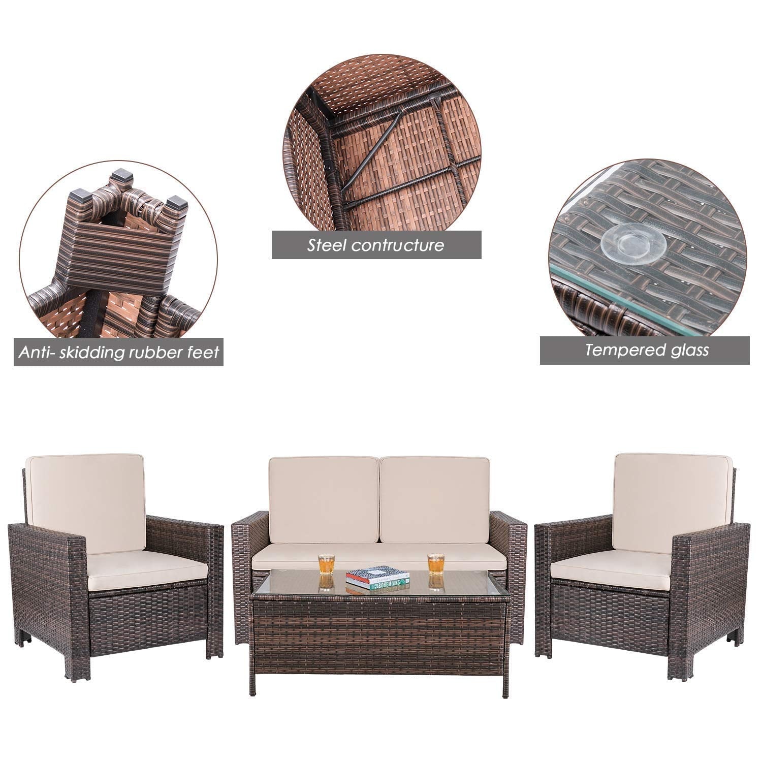 Furnibear 4 Pieces Outdoor Patio Furniture Sets Rattan Chair Wicker Conversation Sofa Set, Outdoor Indoor Backyard Porch Garden Poolside Balcony Use Furniture, Beige