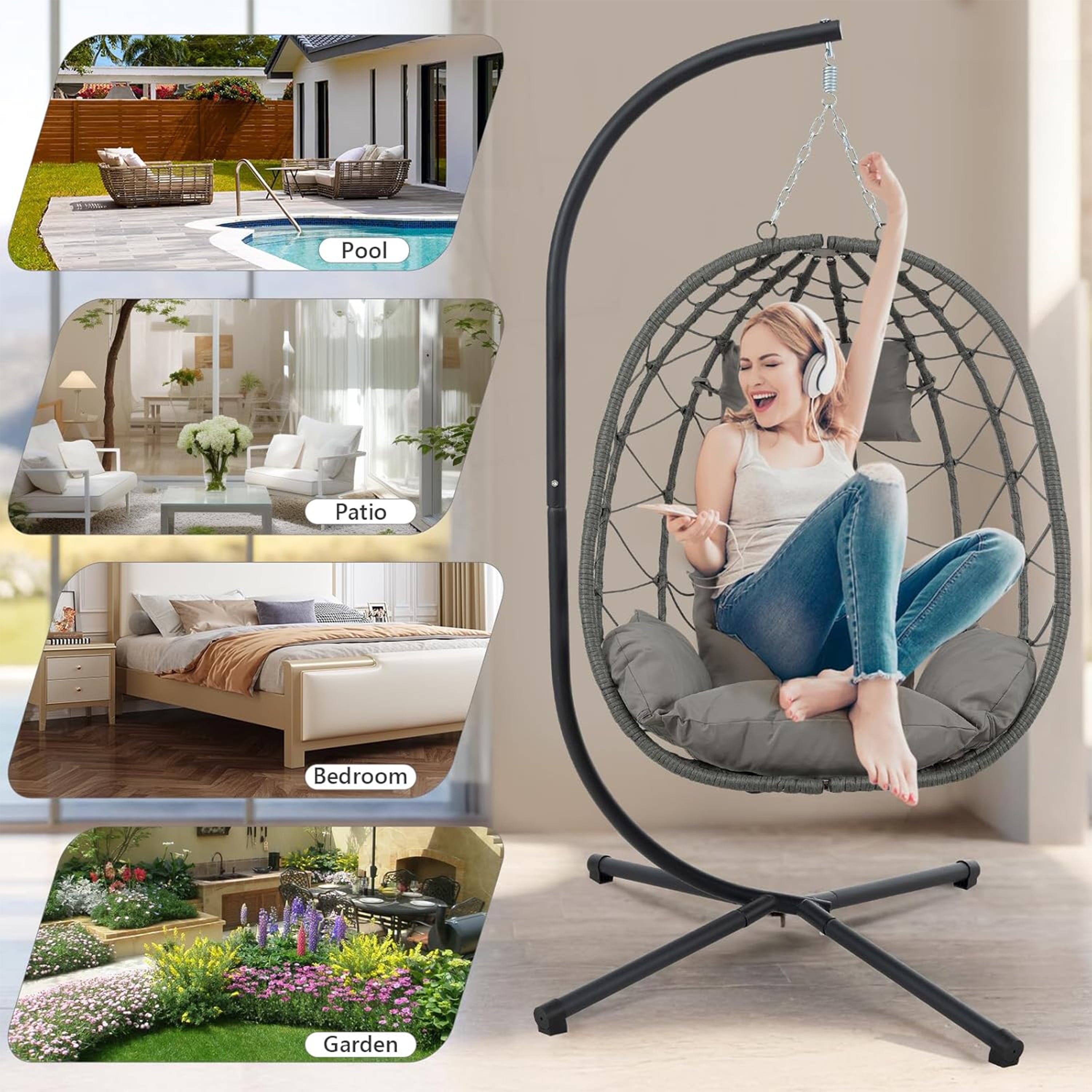 Furnibear Egg Chair with Stand,Patio Rattan Wicker Hanging Swing Egg Chair Hammock Chair for Bedroom Porch Garden,Thickened Aluminum Alloy Steel Frame