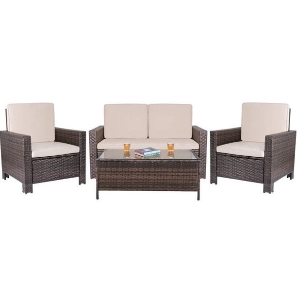 Furnibear 4 Pieces Outdoor Patio Furniture Sets Rattan Chair Wicker Conversation Sofa Set, Outdoor Indoor Backyard Porch Garden Poolside Balcony Use Furniture, Beige