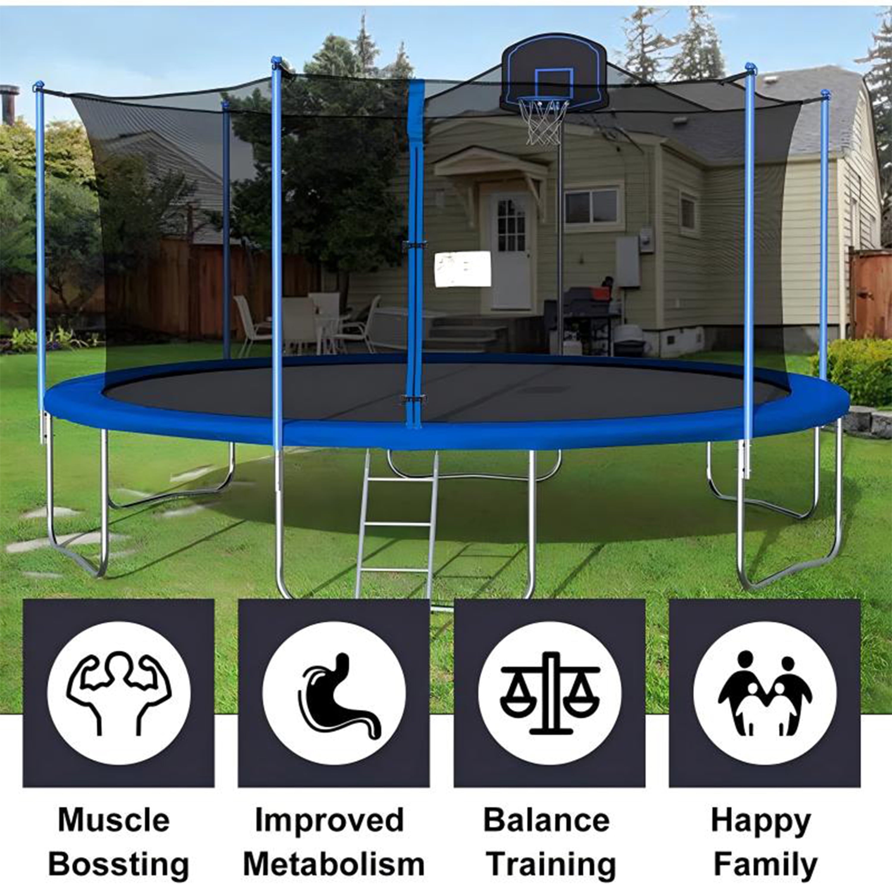 Furnibear 1500 LBS 16 FT Trampoline for Kids and Adults, Heavy-Duty Recreational Outdoor Trampoline with Basketball Hoop and Safety Enclosure Net
