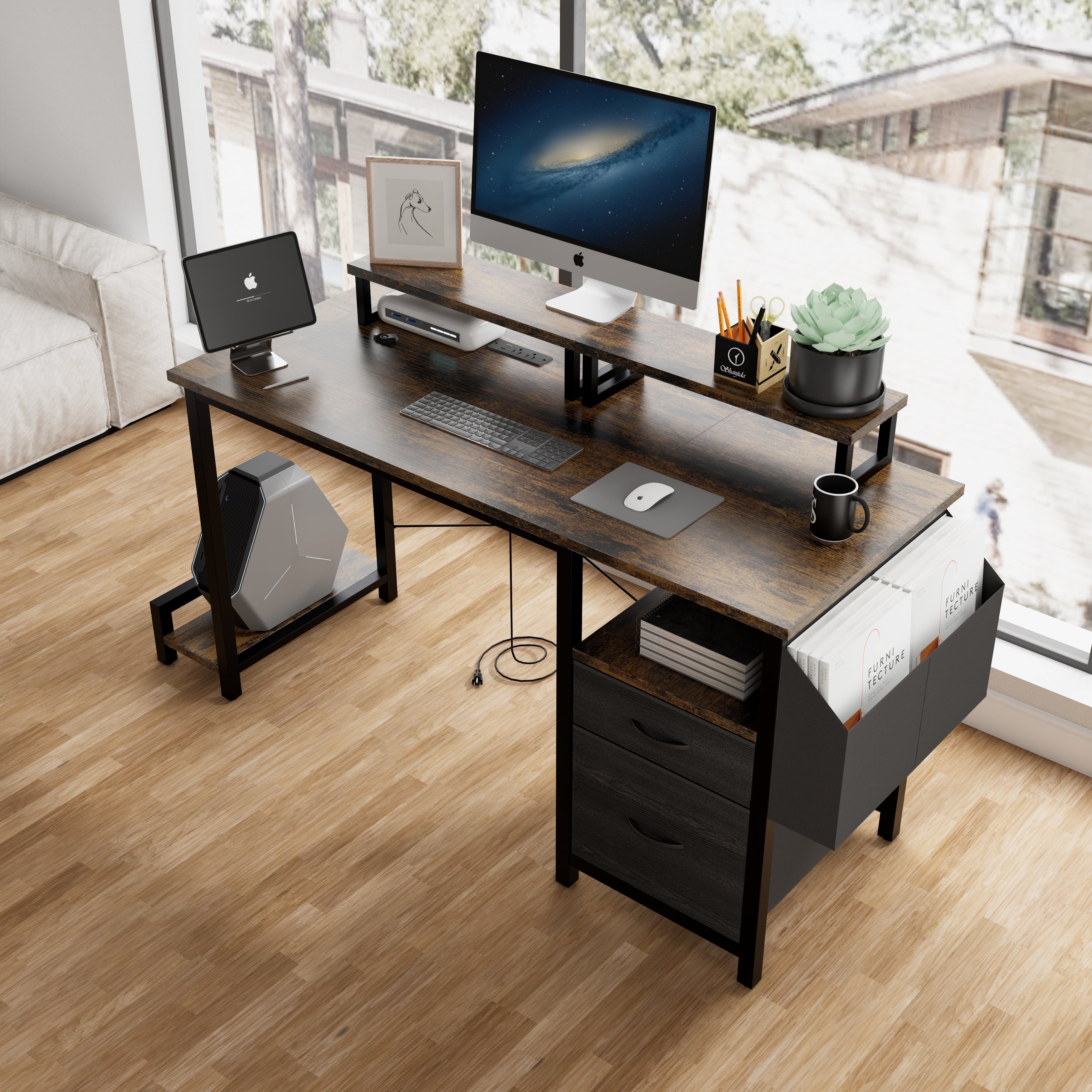 Furnibear Computer Desk with Drawer and Power Outlets, 47in Office Desk with 2 Monitor Stands and Fabric File Cabinet for Home Office, Small Space