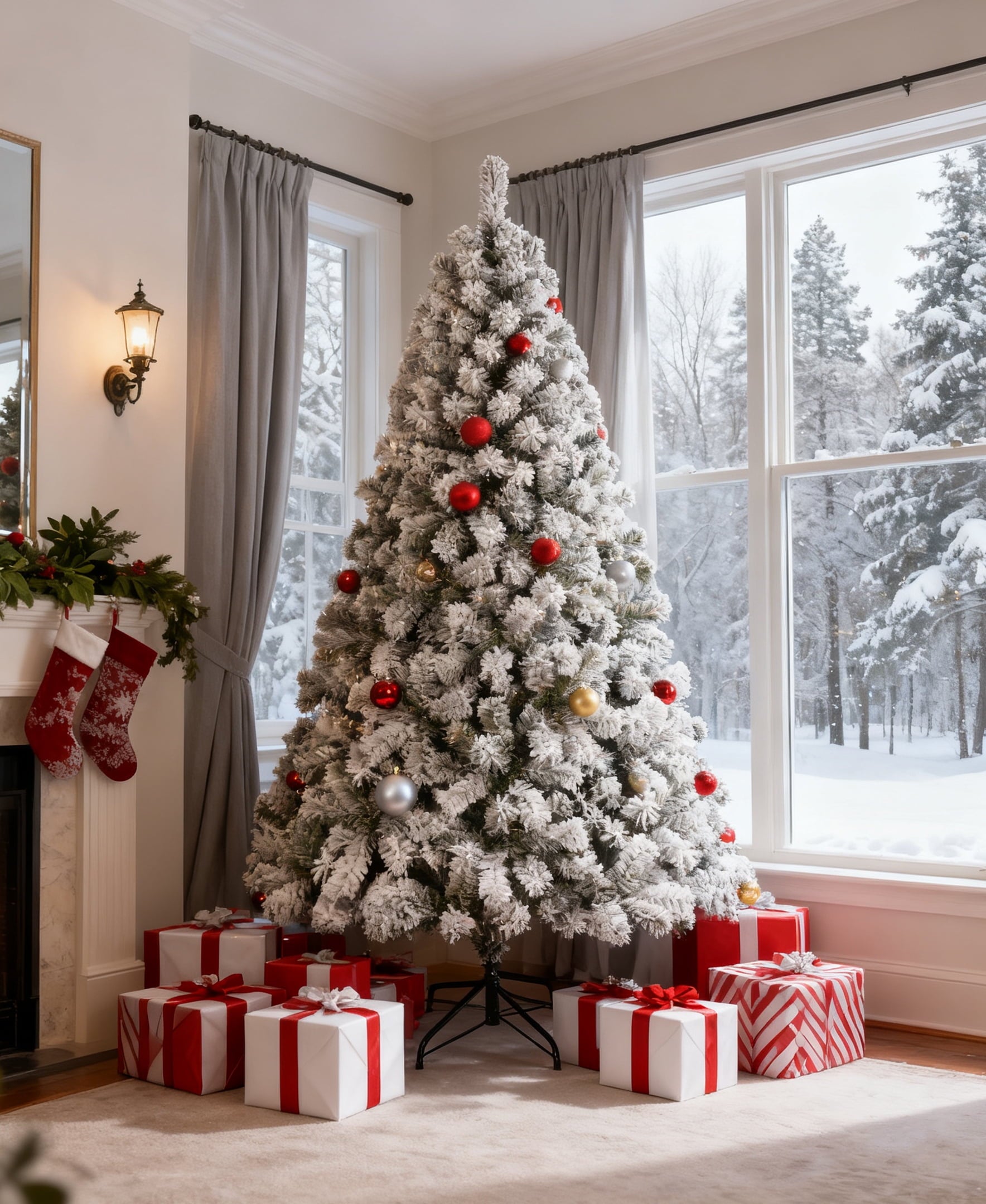 Furnibear 7.5ft Flocked Christmas Tree, 1405 Branch Tips Unlit Artificial Tree with Auto-Shaping