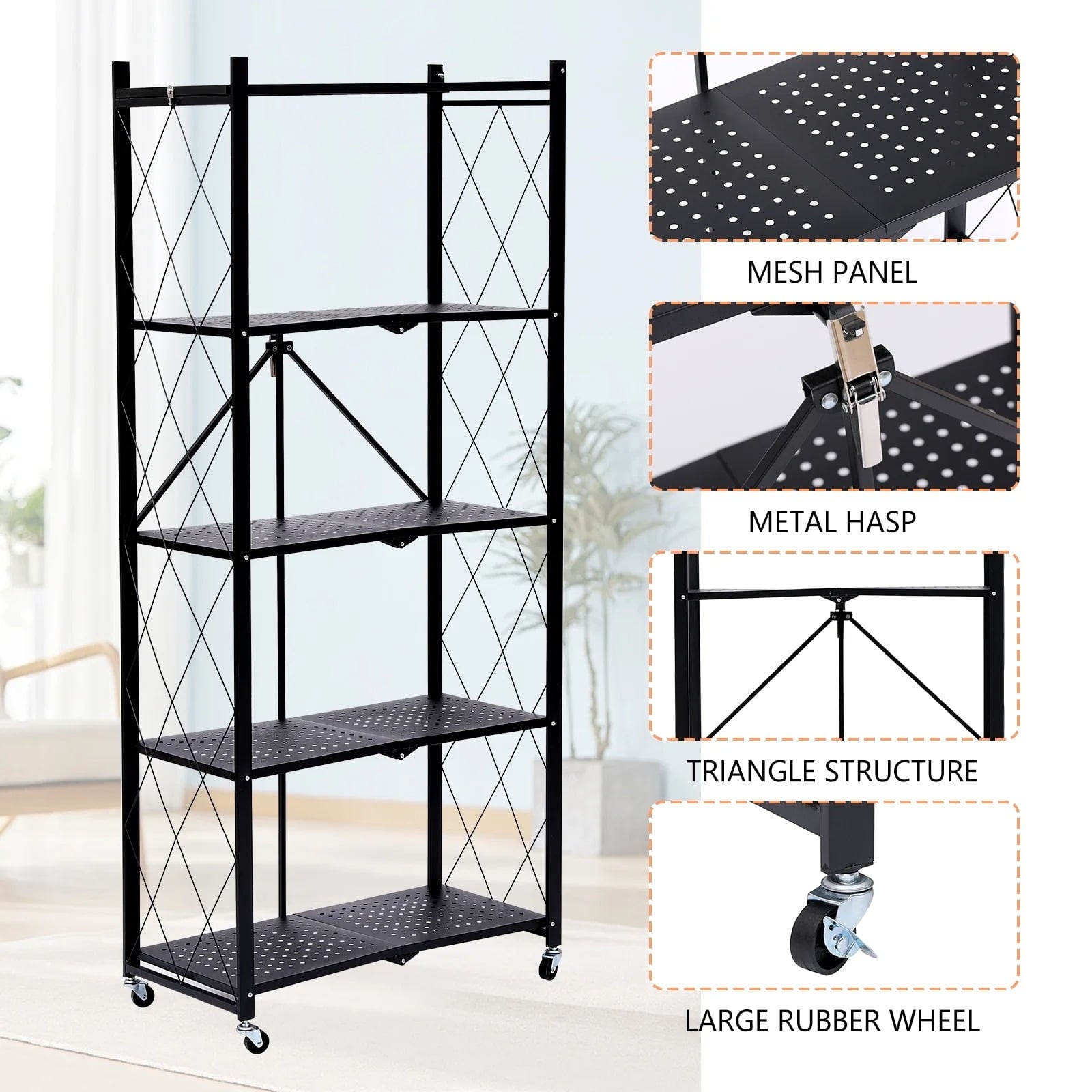 Furnibear Foldable 5 Tier Storage Shelf with Wheels Metal Rack Collapsible Shelving Unit Display, Rolling Cartfor Garage, Pantry, Office ,Black
