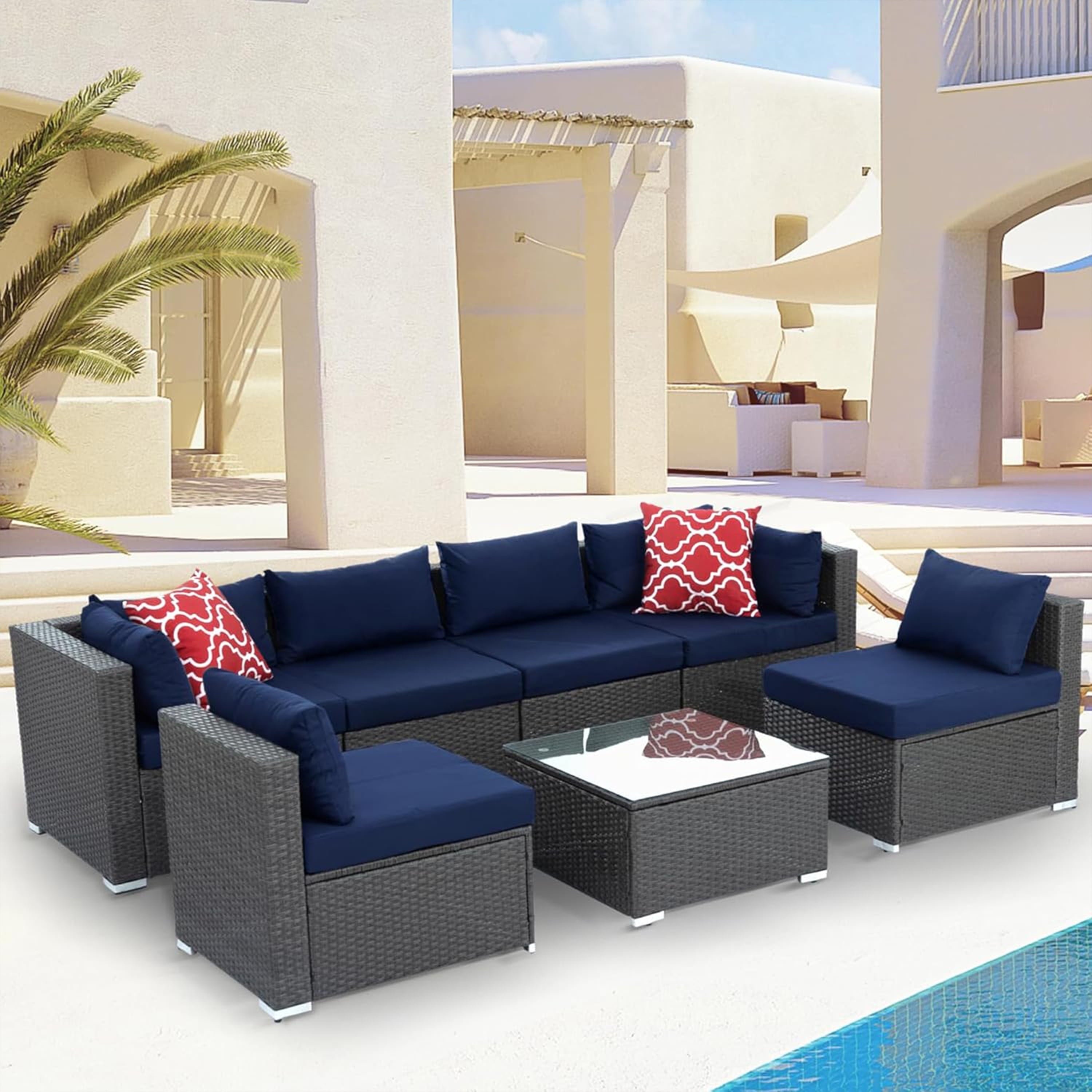 Furnibear 7 Pieces Outdoor Patio Sectional Sofa Couch, Black Wicker Patio Furniture Conversation Sets with Washable Cushions and Glass Coffee Table for Garden, Poolside, Backyard