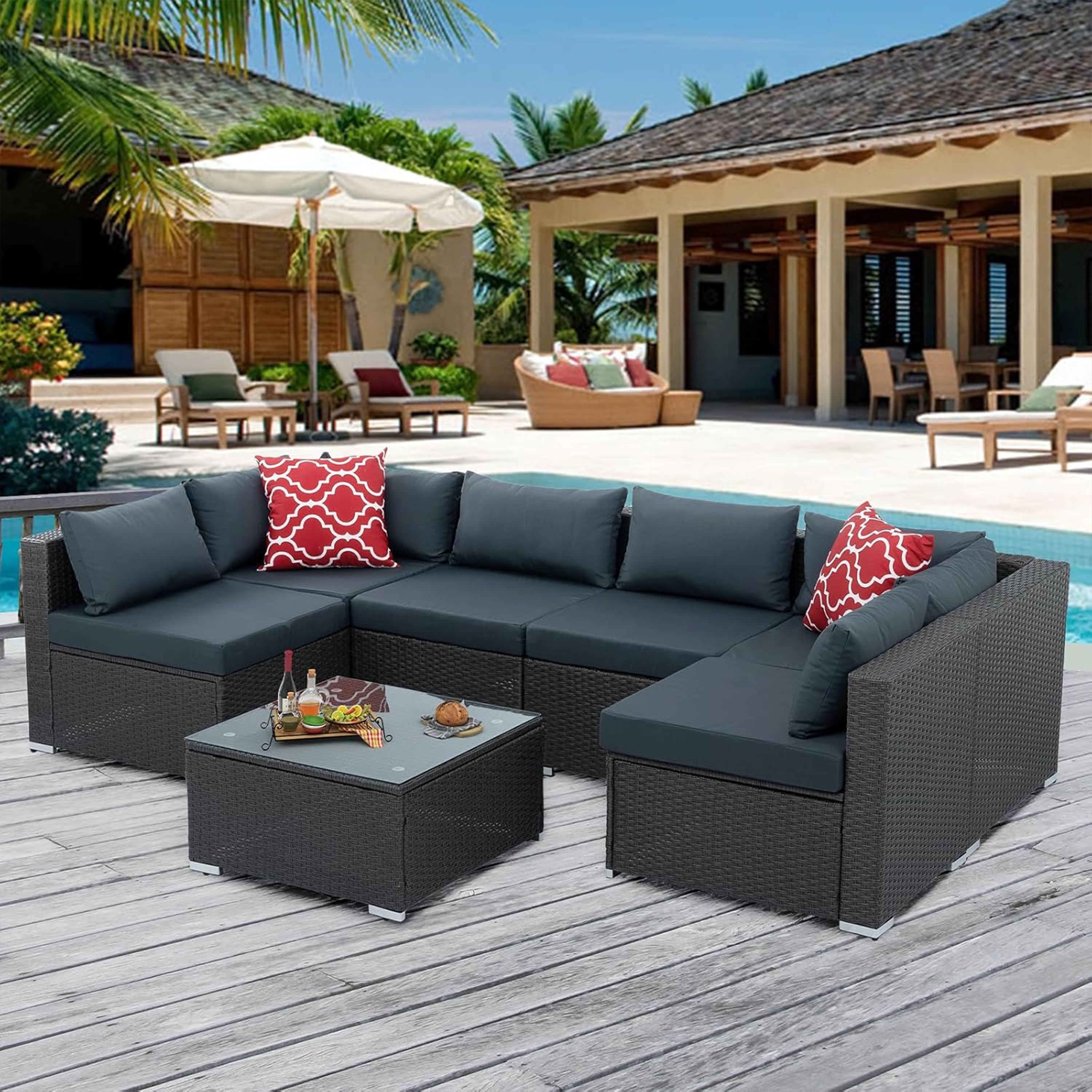 Furnibear 7 Pieces Outdoor Patio Sectional Sofa Couch, Black Wicker Patio Furniture Conversation Sets with Washable Cushions and Glass Coffee Table for Garden, Poolside, Backyard