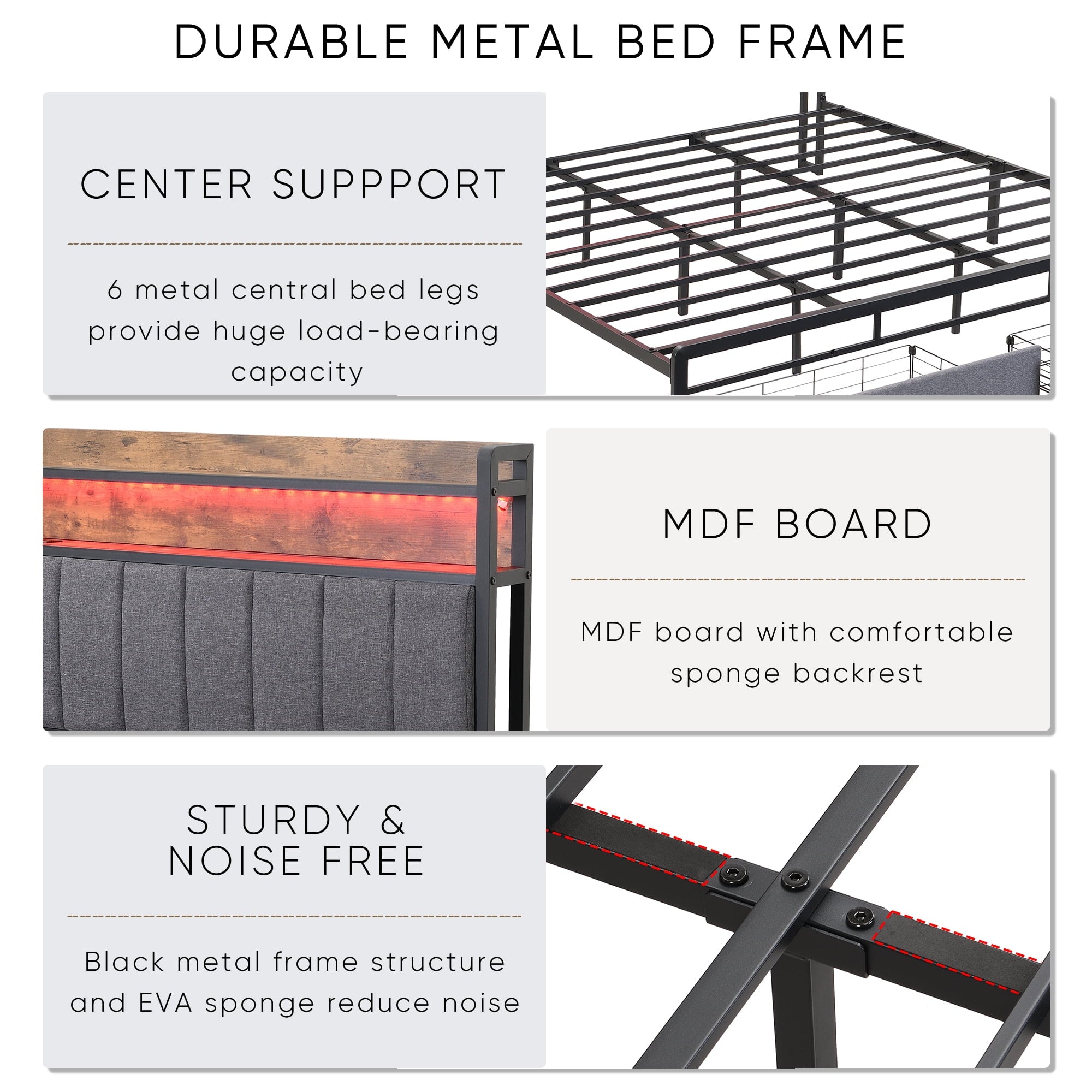 Furnibear King Bed Frame with Upholstered Storage Headboard and Drawers, LED Platform Bed with Charging Station, No Box Spring Needed