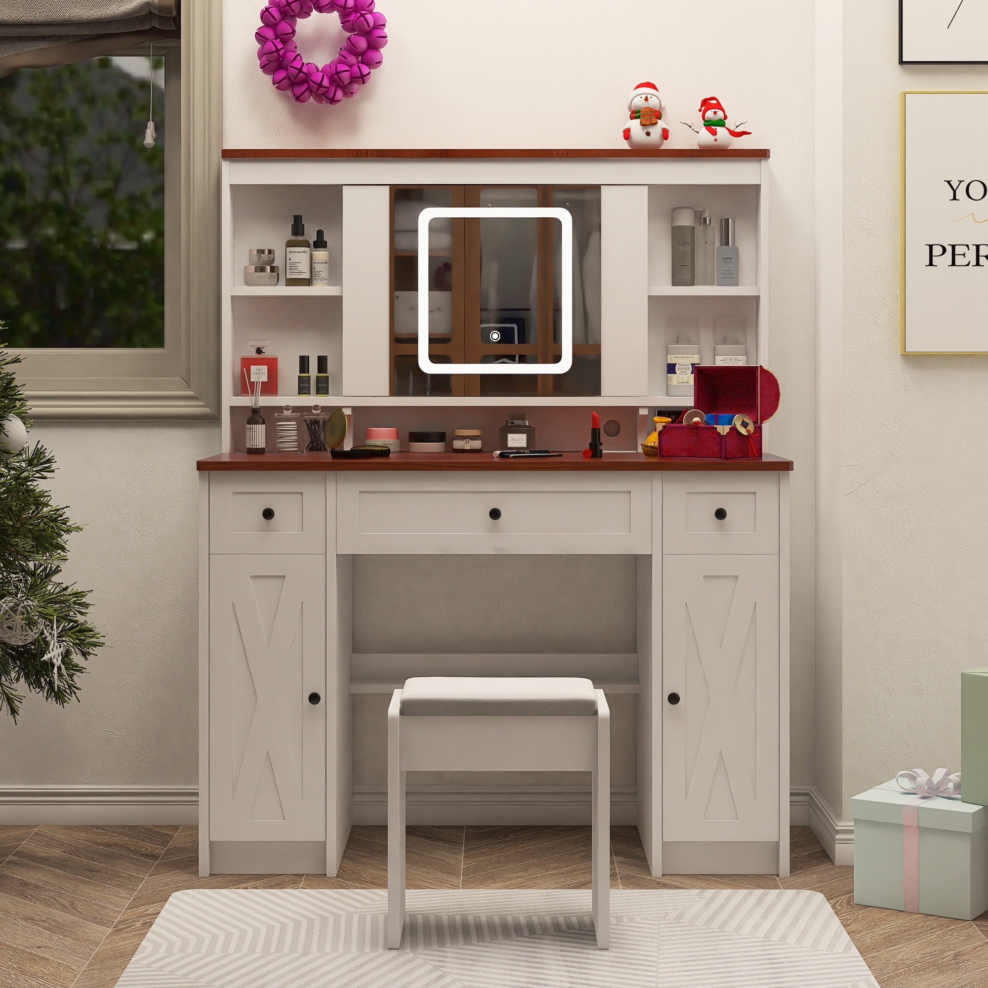 Furnibear Vanity Desk Set with Mirror and Light, Farmhouse Makeup Table with Charging Station, Drawers and Cabinet, 3 Color Modes Brightness Adjustable