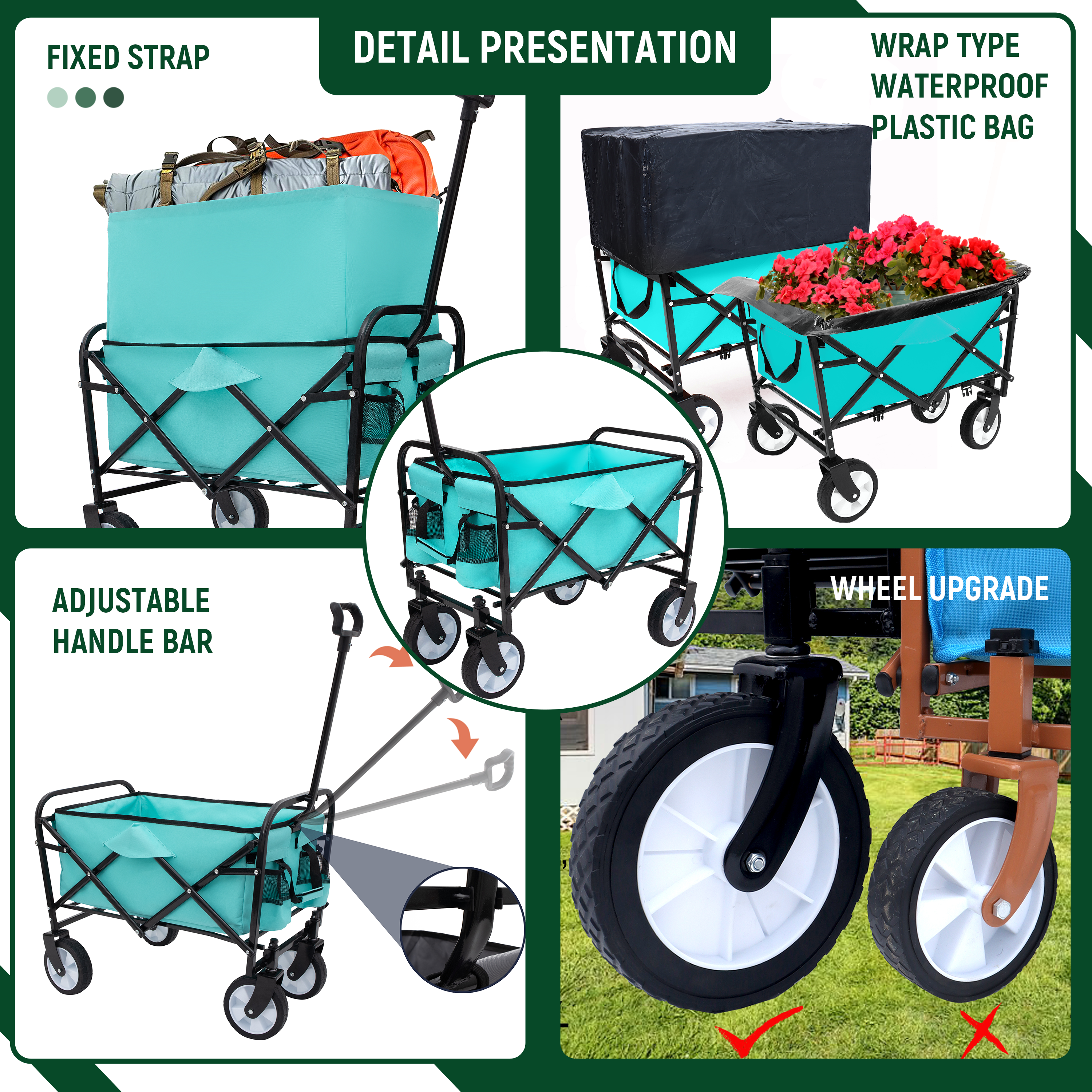 Furnibear Heavy-Duty Folding Wagon Cart with All-Terrain Wheels Includes 3 Liner Bags for Camping, Beach, Grocery,Blue
