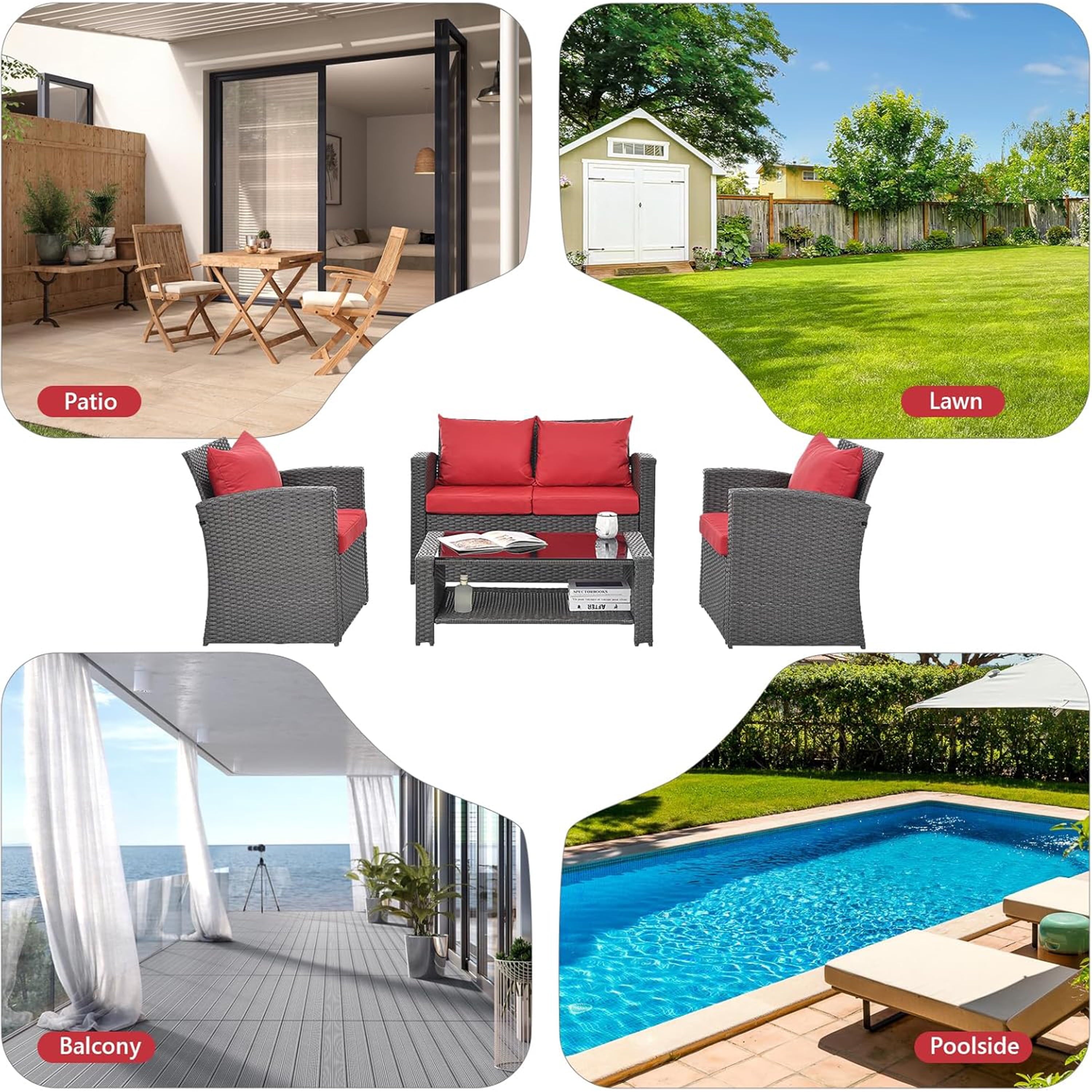 Furnibear 4 Pieces Patio Conversation Set, Outdoor Rattan Sectional Sofa, Cushioned Patio Furniture Set, Wicker Sofa Ideal for Garden, Porch, Backyard