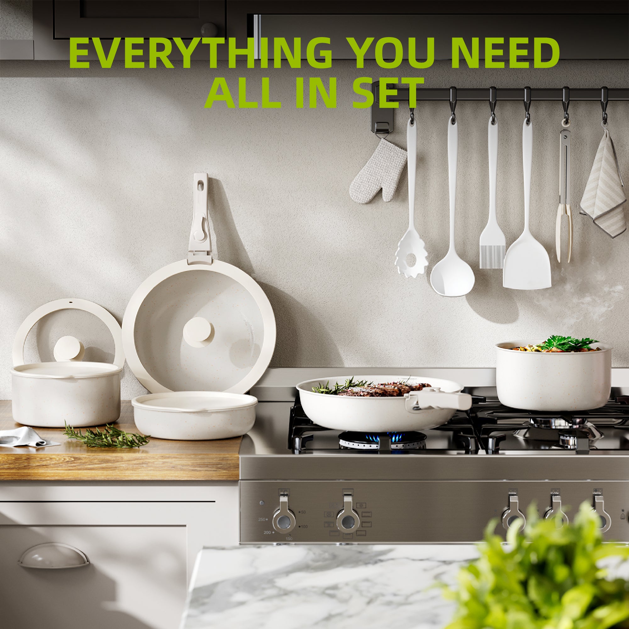 Furnibear 20pcs Pots and Pans Set Nonstick, Kitchen Ceramic Cookware Set for RV and Camping, with Pots Protectors and Cooking Utensils, White