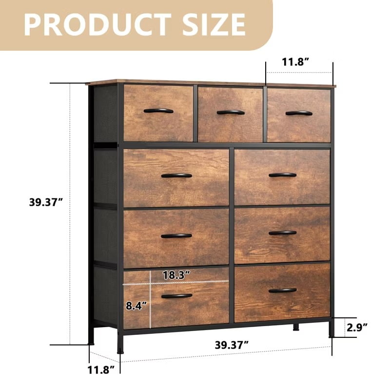 Furnibear 9-Drawer Fabric Storage Dresser - Sturdy Steel Frame Side Pockets, Spacious Storage for Bedroom/Closet