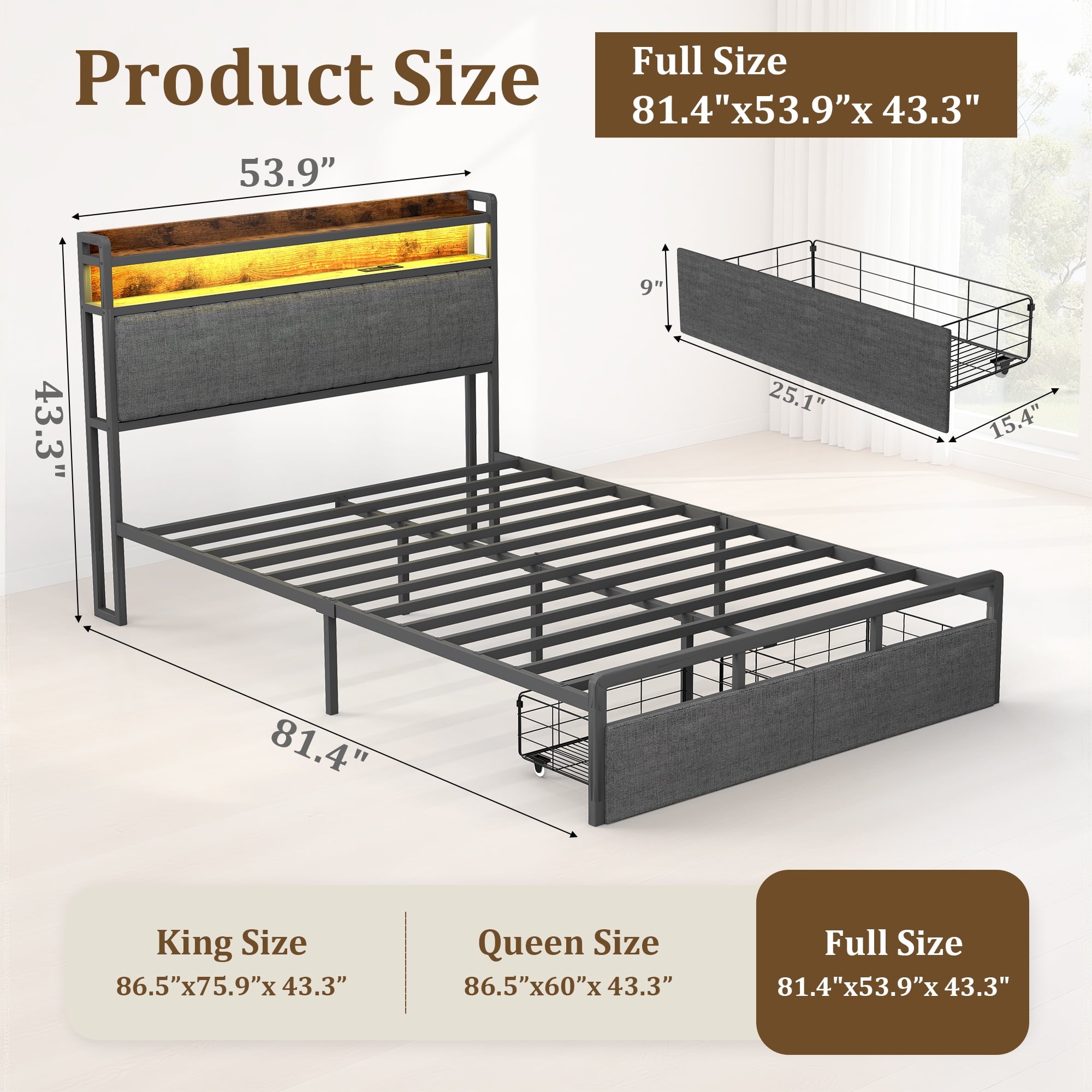 Furnibear LED Full Bed Frame with Upholstered Storage Headboard and Dr