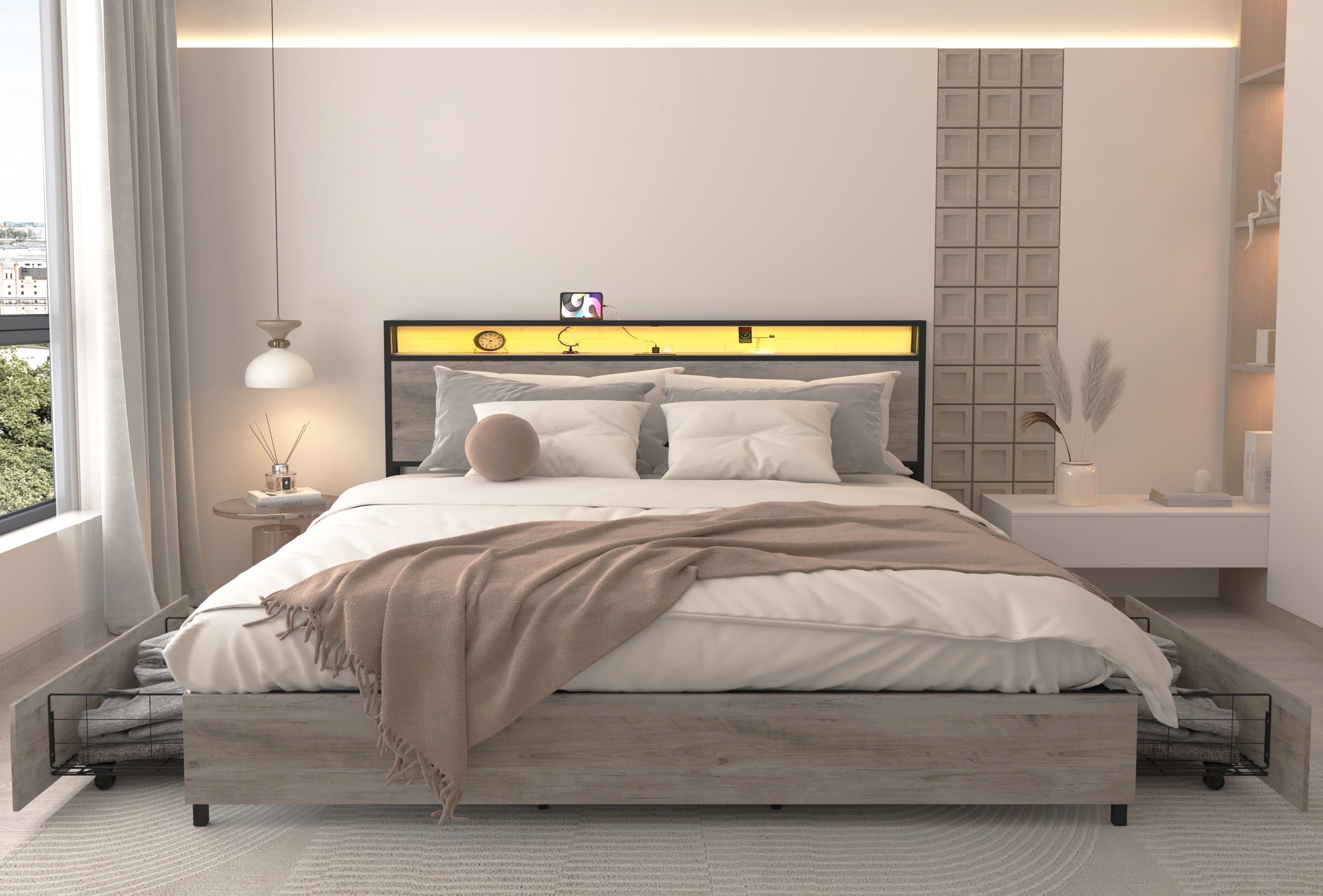 Furnibear King Bed Frame with USB Charging Station and Storage Headboard, Heavy-Duty Shake-Free Platform, No Box Spring Needed, Easy Tool-Free Assembly, Gray