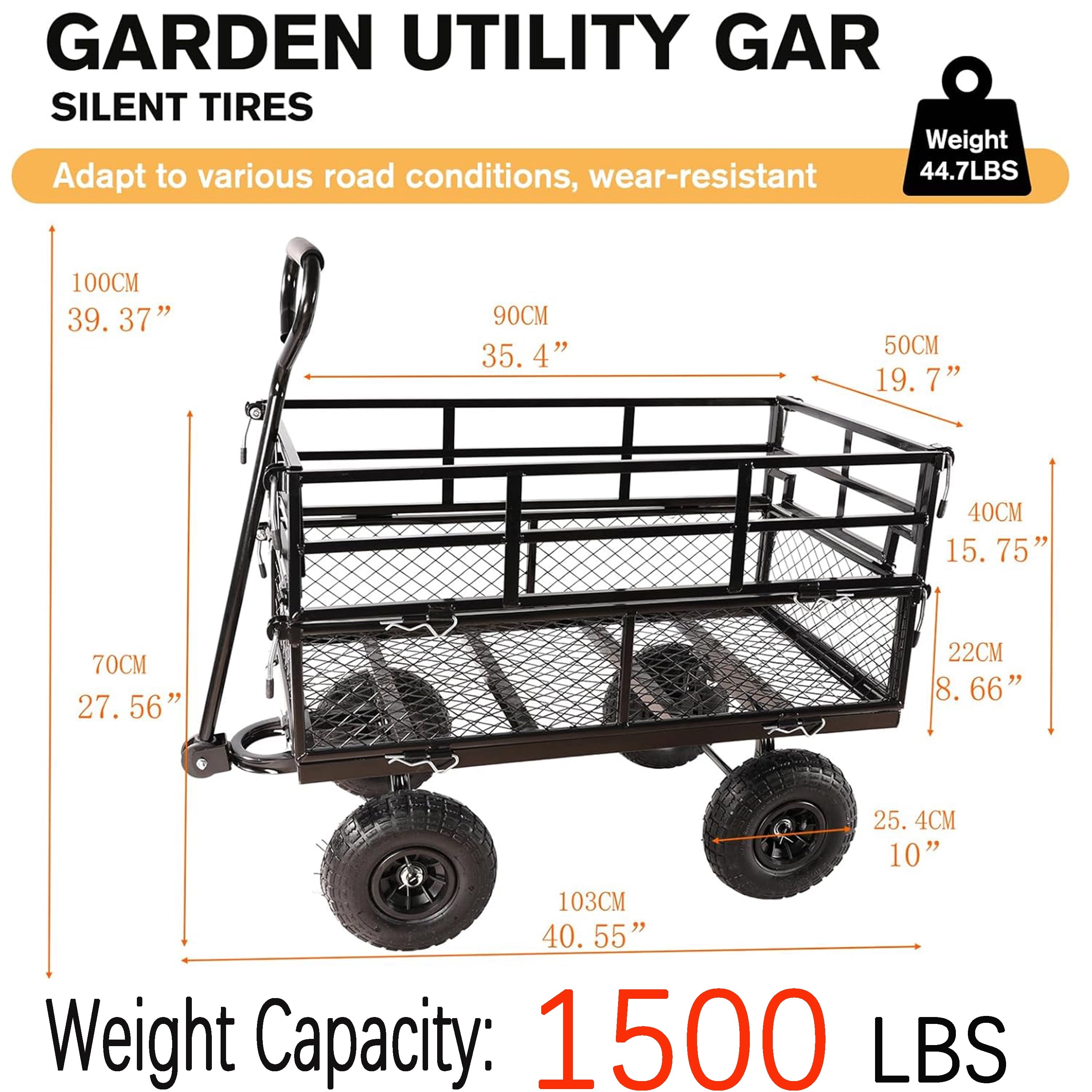 Furnibear Heavy Duty Steel Garden Cart 1500lbs Capacity, 6.35 cu ft, 40.55in x 27.56in Folding Utility Wagon with Double-Layer Removable Side, Black