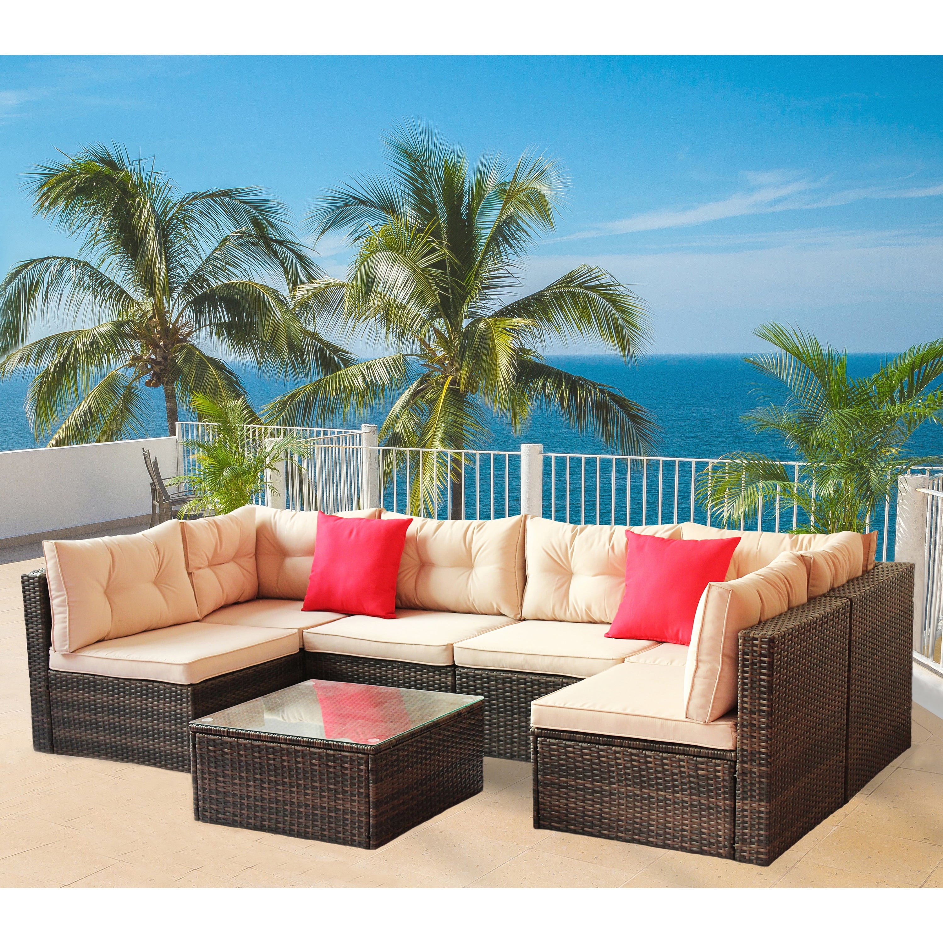 Furnibear 7 Pieces Outdoor Patio Sectional Sofa Couch, Brown Wicker Patio Furniture Conversation Sets with Washable Cushions and Glass Coffee Table for Garden, Poolside, Backyard