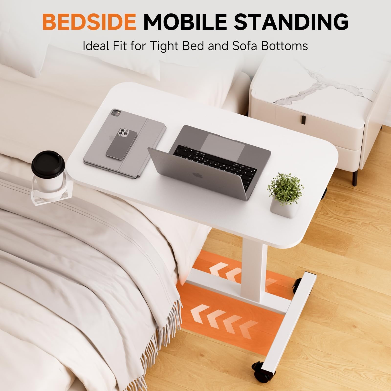 Furnibear Adjustable Rolling Desk with Lockable Wheels Portable Bed Side Table Standing Laptop Desk White