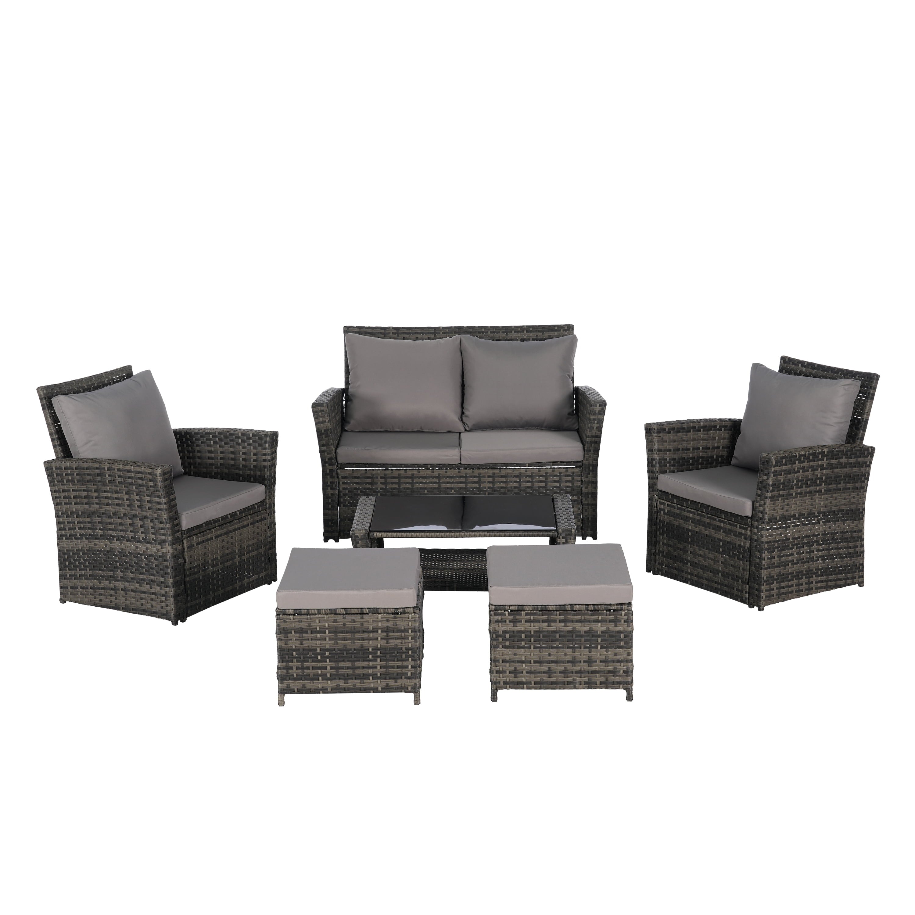 Furnibear 6 Piece Patio Furniture Sets, Rattan Wicker Outdoor Conversation Set with Ottoman and Tempered Glass Coffee Table