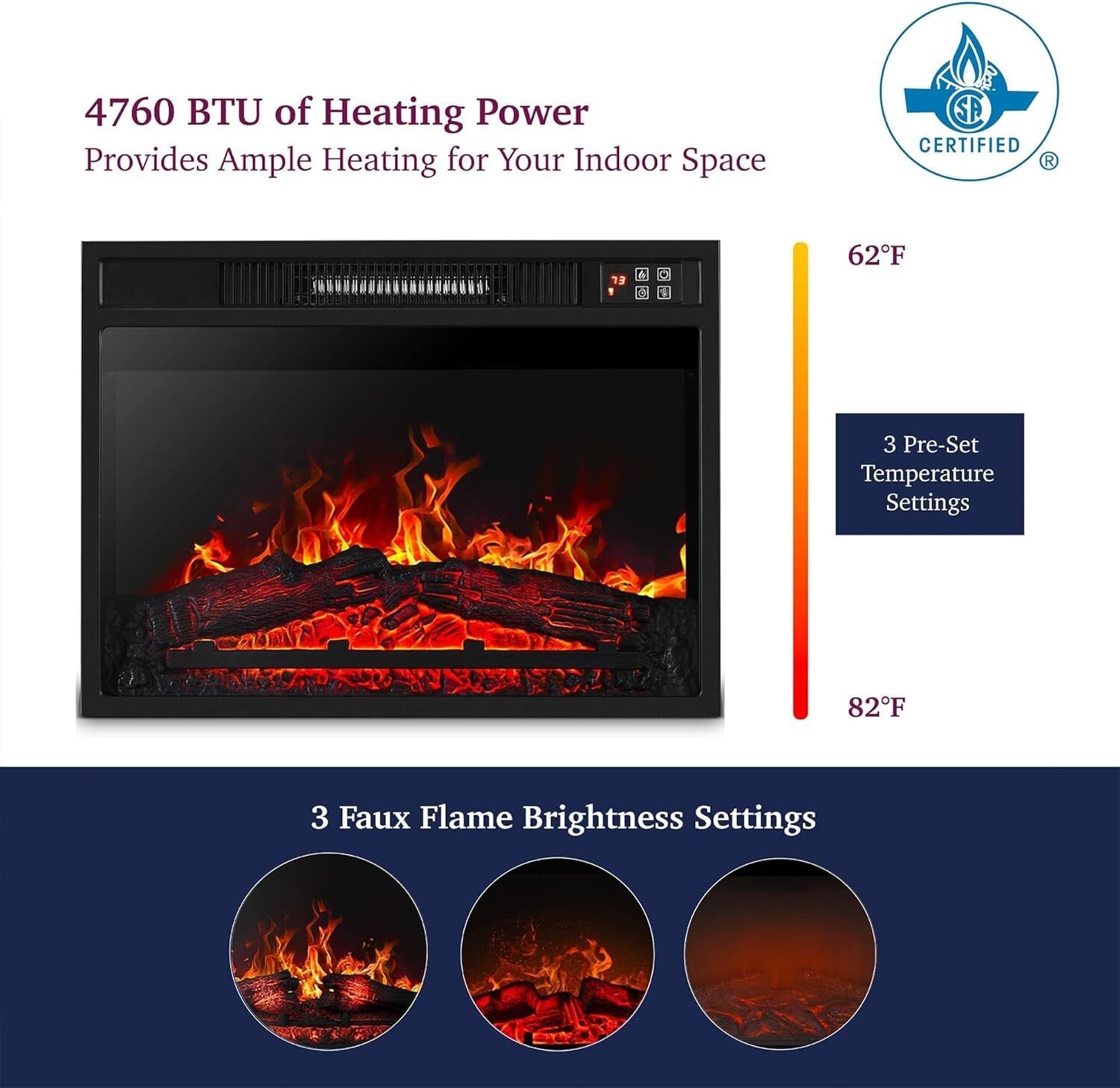 Furnibear 23 inch Electric Fireplace, 3D Infrared Fireplace Electric Insert Heater, with IR Remote Control, Glass View, Adjustable Realistic Logs & Flames, Indoor, 1400W