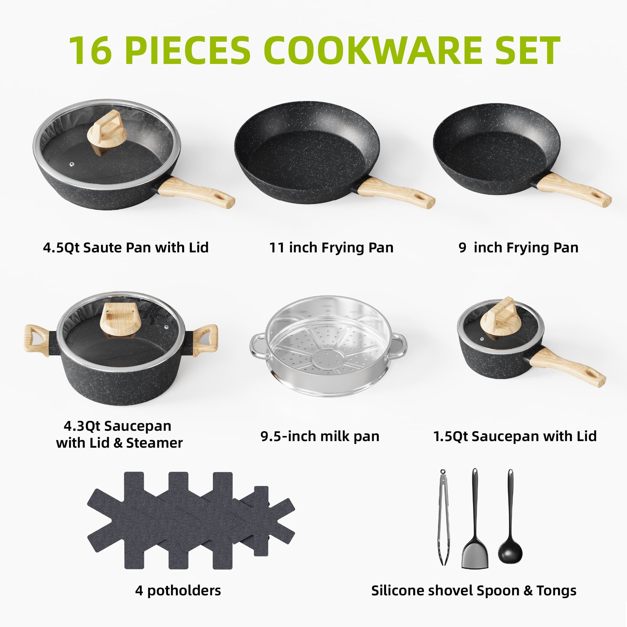 Furnibear 16pcs Nonstick Pots and Pans Set, Ceramic Cookware Set with Pots Protectors and Cooking Utensils, for RV and Camping Balck