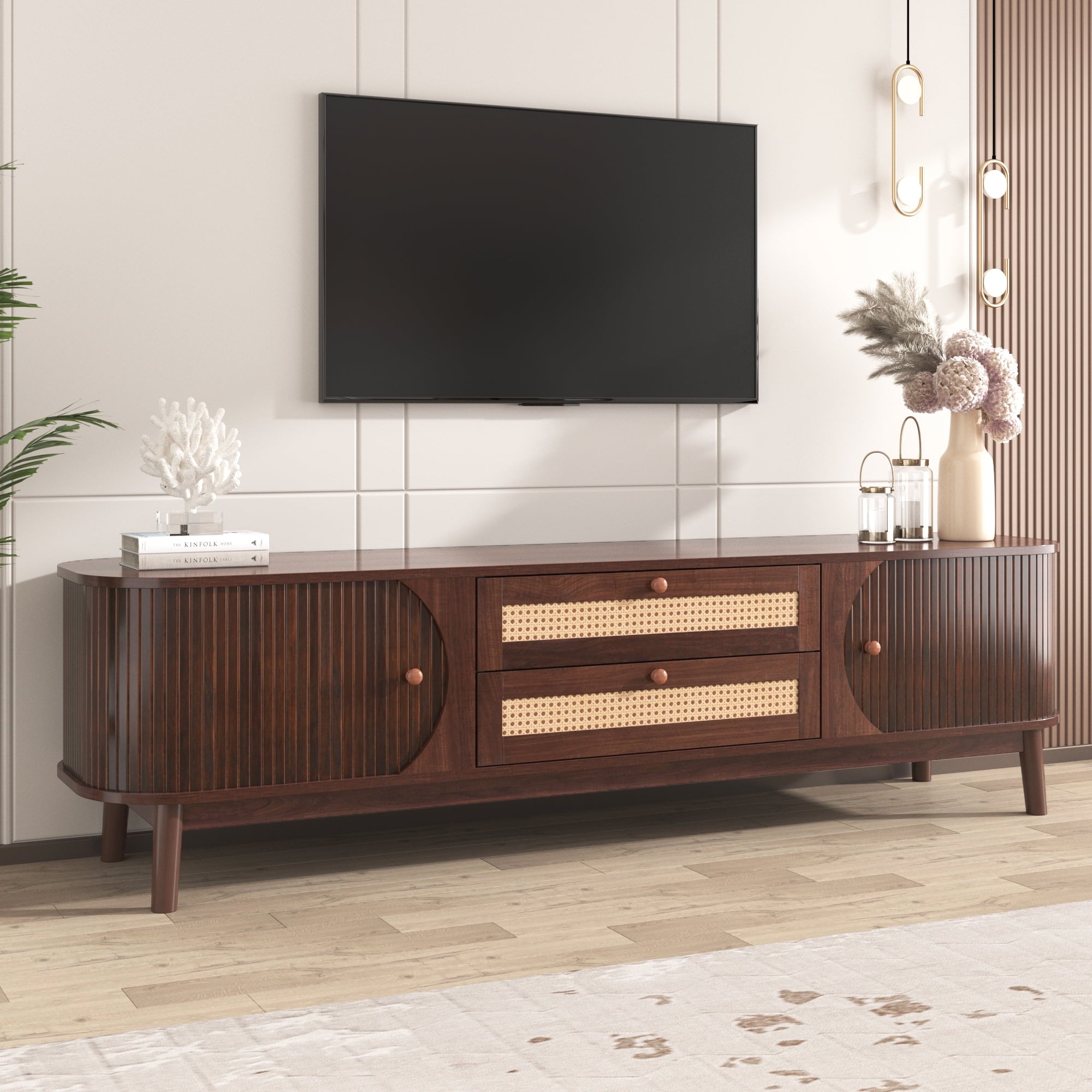 Furnibear Rattan TV Stand for TVs up to 75 inch, Modern Farmhouse Media Console, Entertainment Center with Solid Wood Legs, TV Cabinet for Living Room,Home Theatre