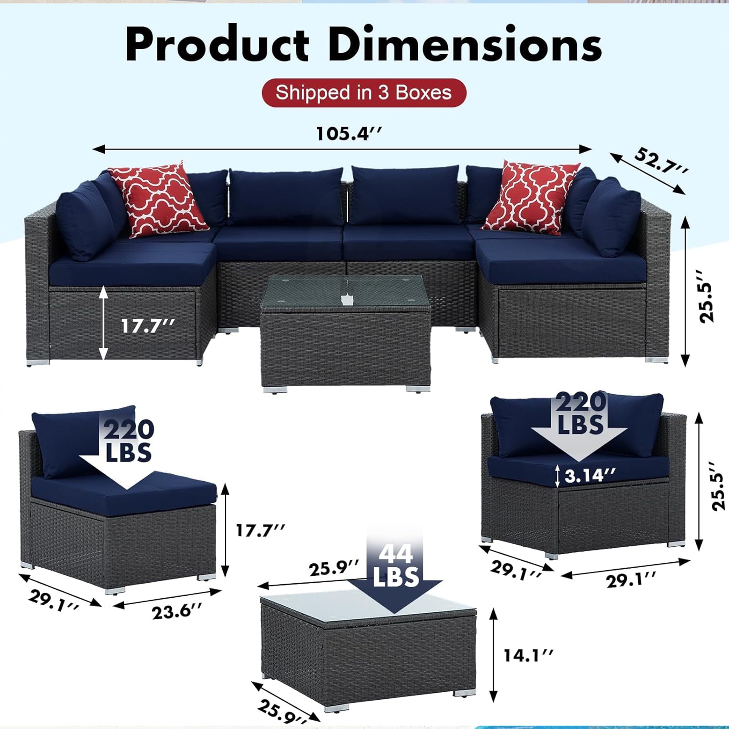 Furnibear 7 Pieces Outdoor Patio Sectional Sofa Couch, Black Wicker Patio Furniture Conversation Sets with Washable Cushions and Glass Coffee Table for Garden, Poolside, Backyard