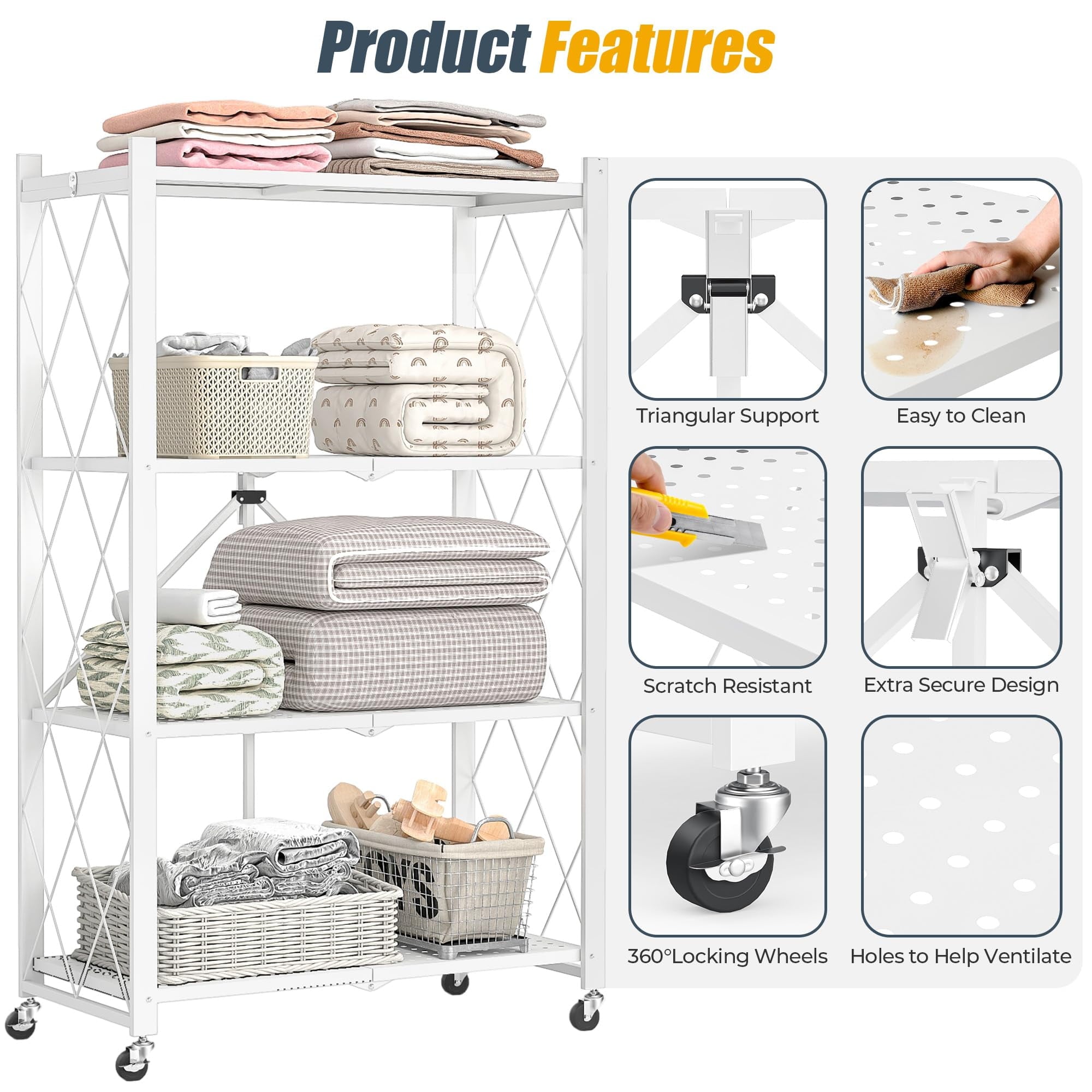 Furnibear 4-Tier Folding Storage Shelves with Wheels, Foldable Metal Rack, Collapsible Shelves for Garage, Kitchen, Basement, White