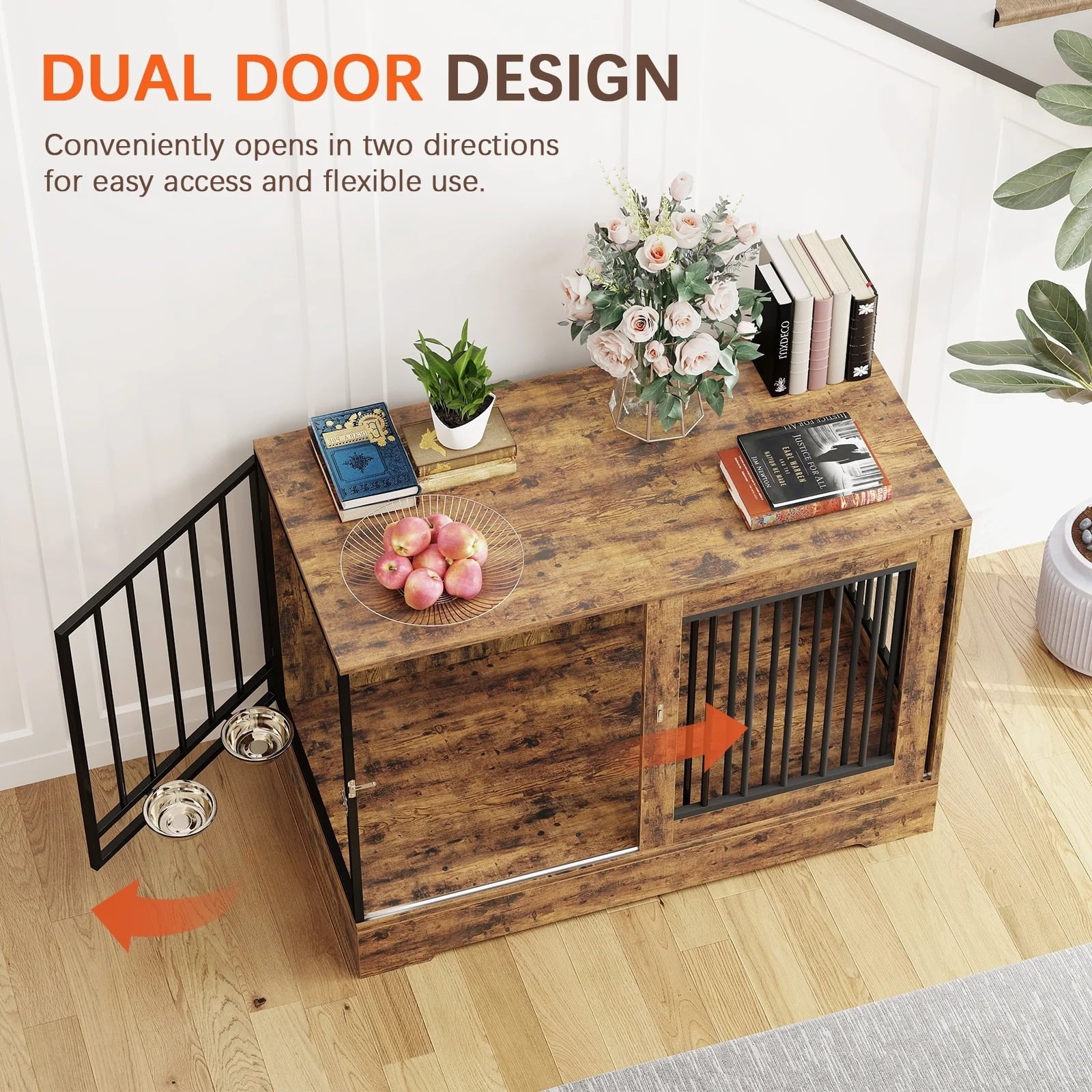 Furnibear 47" Solid Wood Dog Crate Furniture with Double Doors - Heavy Duty Rustic Brown Indoor Kennel w/Removable Dog Bowls, Multi-Functional End Table for Small/Medium/Large Dogs