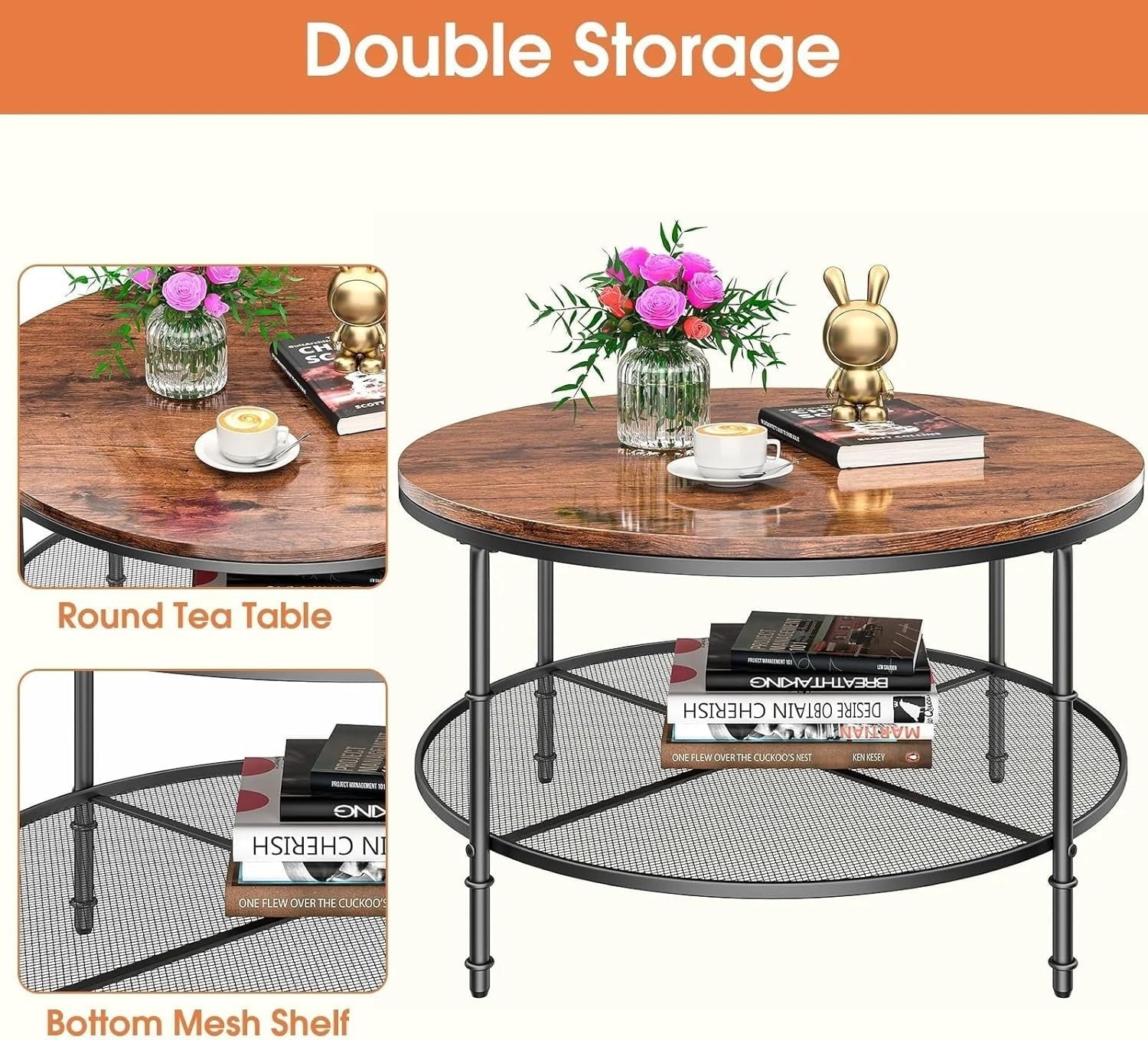 Furnibear Round Coffee Table with Metal Frame, Rustic Wood Finish Accent Table with Wooden Tabletop and Padded Feet for Living Room