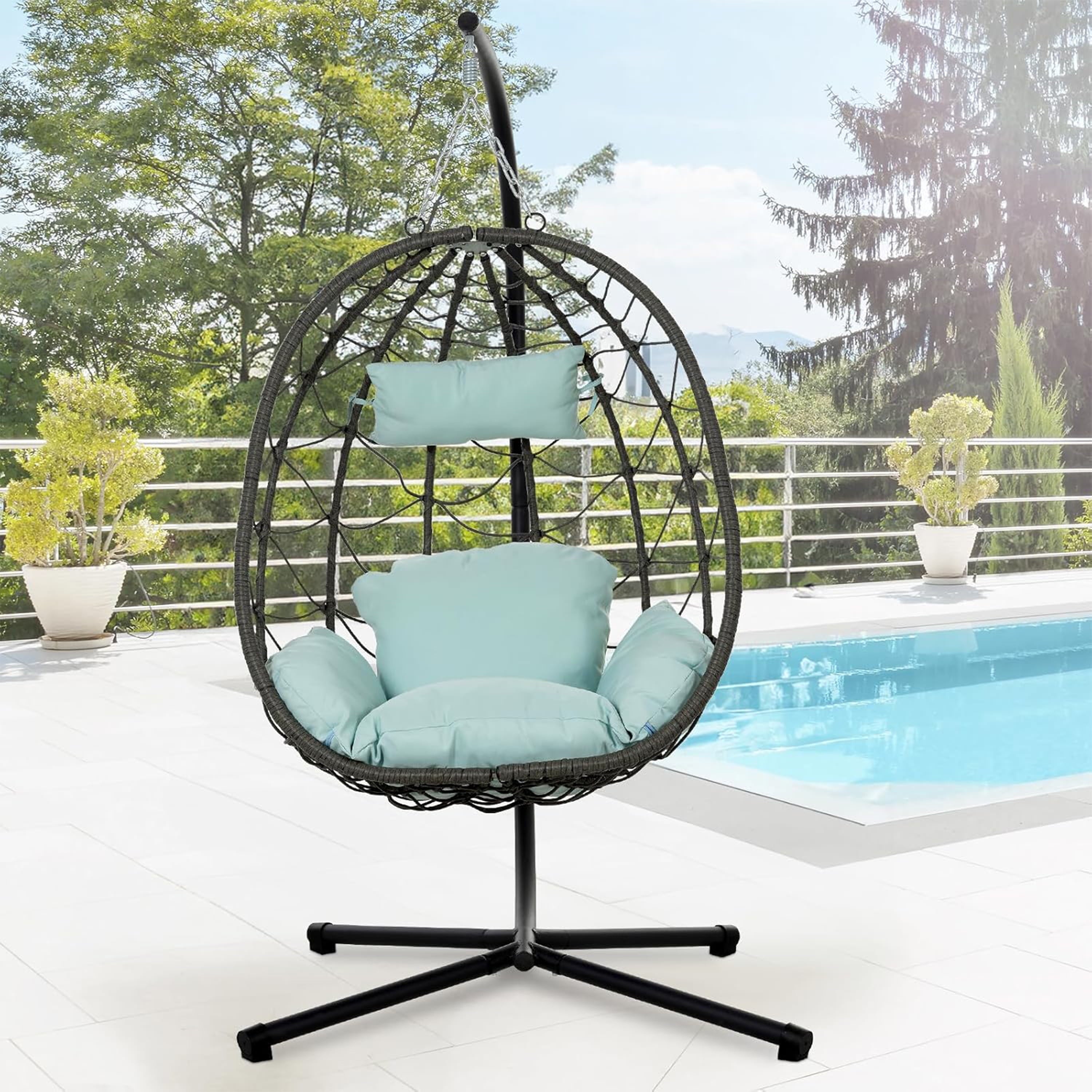 Furnibear Egg Chair with Stand,Patio Rattan Wicker Hanging Swing Egg Chair Hammock Chair for Bedroom Porch Garden,Thickened Aluminum Alloy Steel Frame