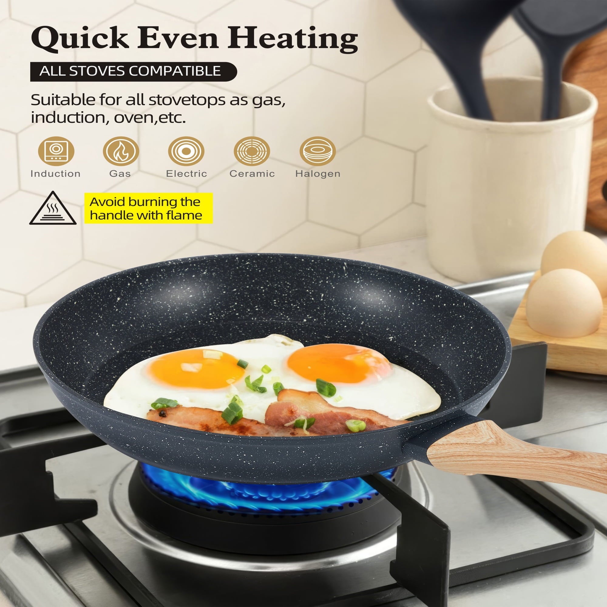 Furnibear?12-Piece Ceramic Nonstick Cookware Set - Granite Coated Frying Pans / Stock Pots, with Silicone Shovel/Spoon/Tongs, Compatible with All Stoves, Easy to Clean