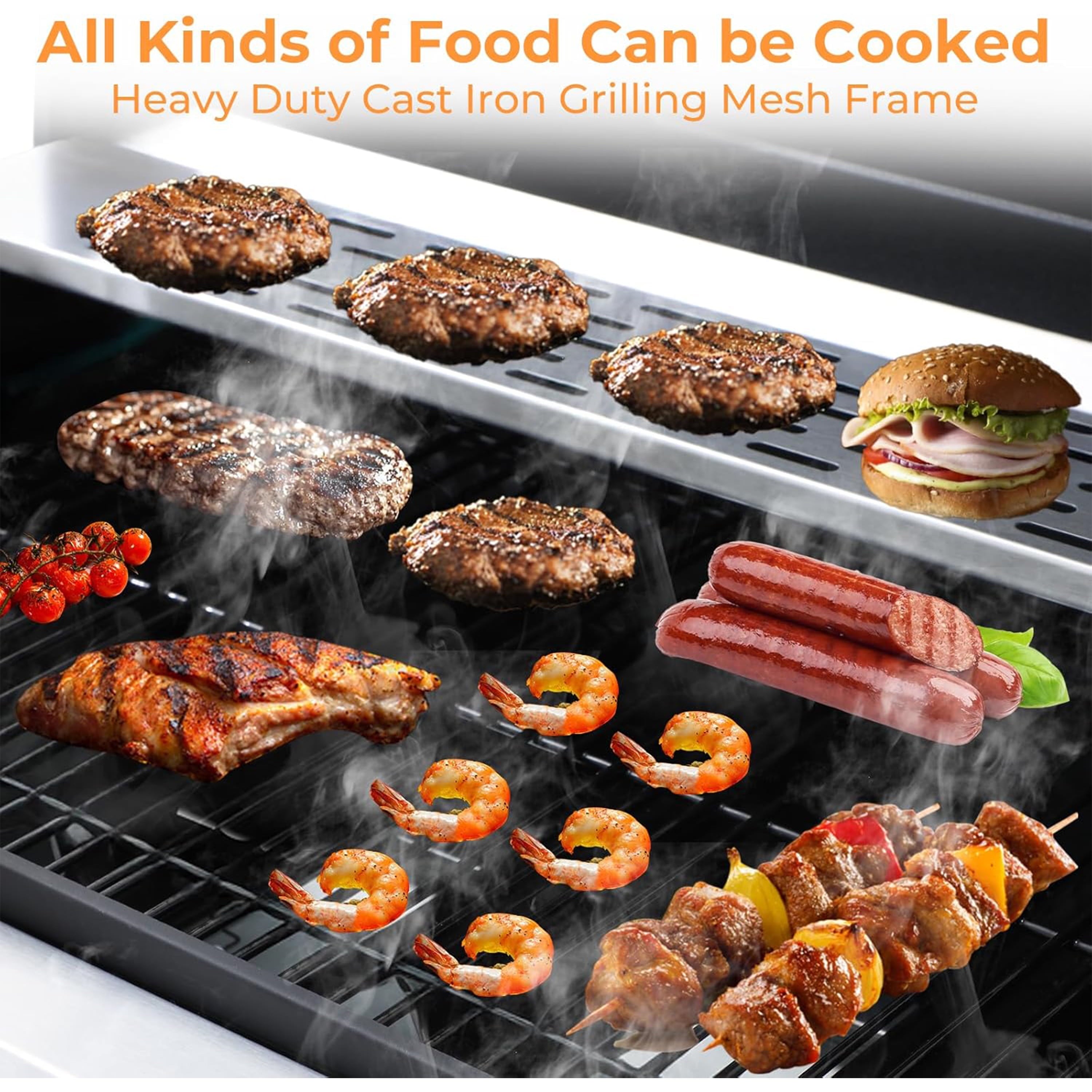 Furnibear 4 Burner BBQ Propane Gas Grill, Stainless Steel 34,200 BTU Patio Garden Barbecue Grill with 2 Foldable Shelves, Spice Rack