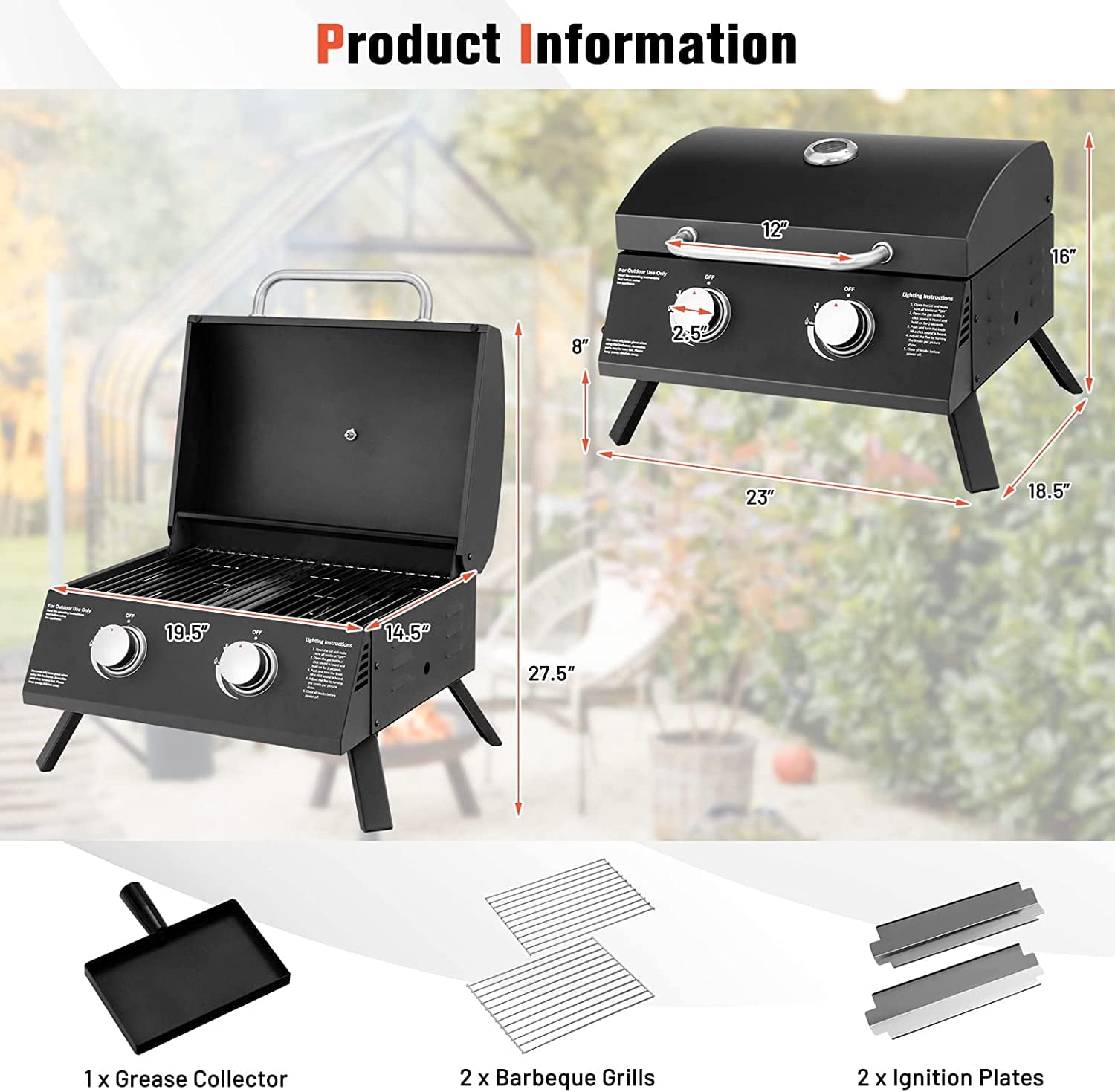 Furnibear 2 Burner Portable Propane Gas Grill, Black