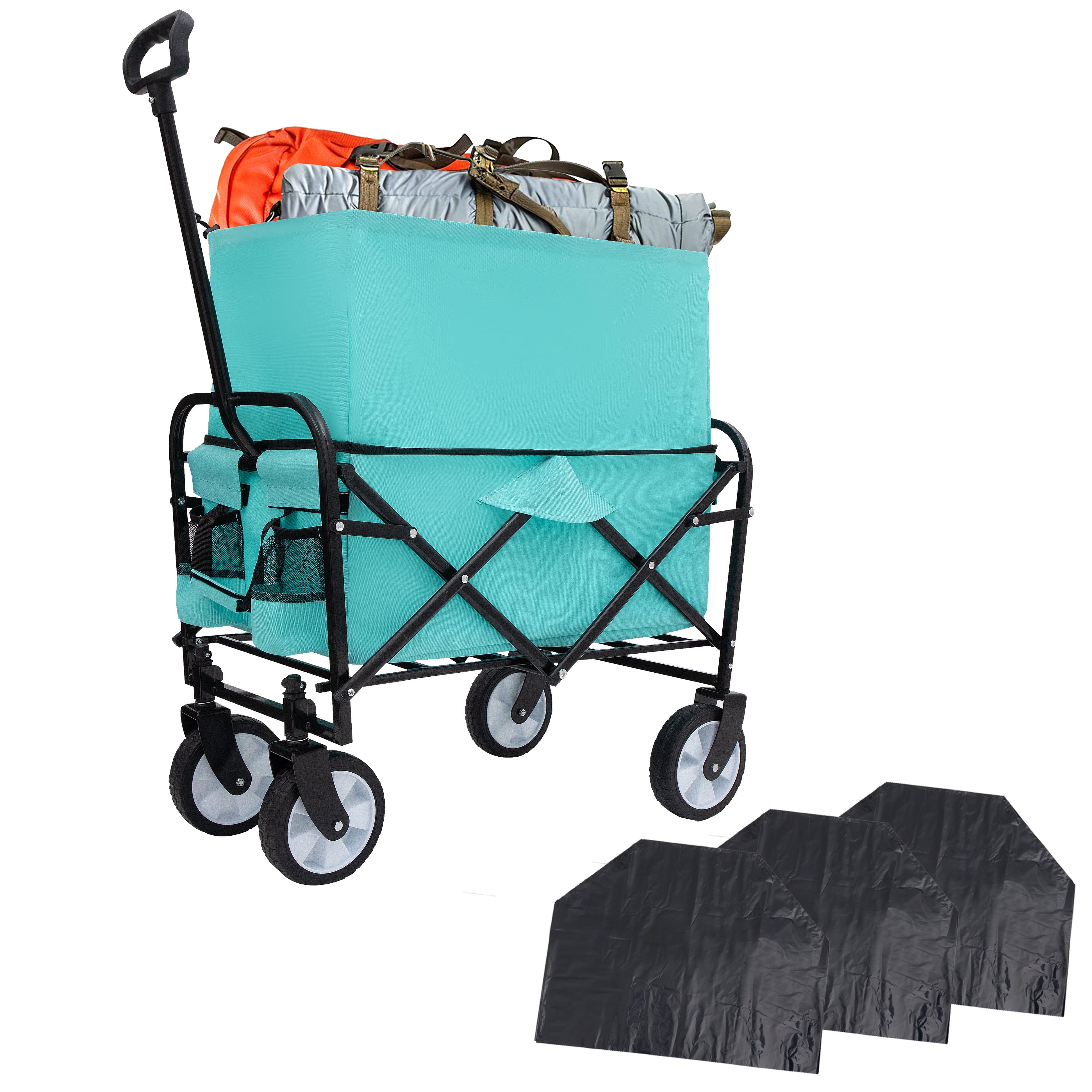 Furnibear Heavy-Duty Folding Wagon Cart with All-Terrain Wheels Includes 3 Liner Bags for Camping, Beach, Grocery,Blue