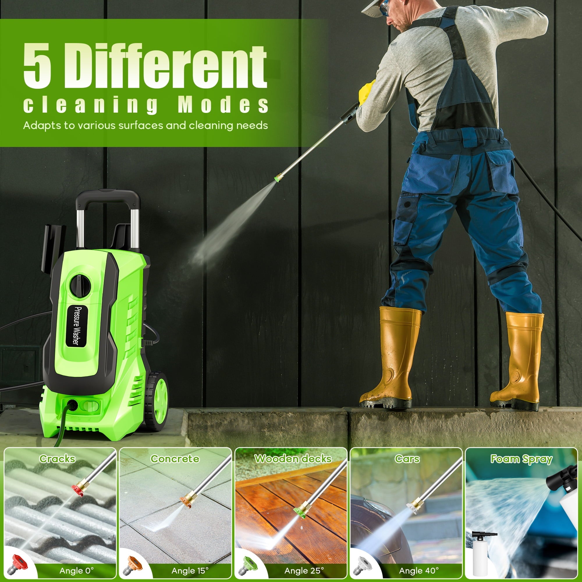 Electric Pressure Washer, 3800PSI 2.6 GPM Power Washer with 5 Quick Connect Nozzles, High Pressure Cleaning Machine with Foam Cannon for Cars, Fences, Patios, Driveway,Green