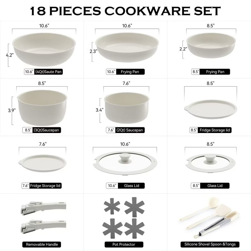 Furnibear 18-Piece Granite Ceramic Nonstick Cookware Set-Detachable Handle for Space-Saving, Compatible with Induction/Gas Stoves, Oven,Dishwasher Safe, White