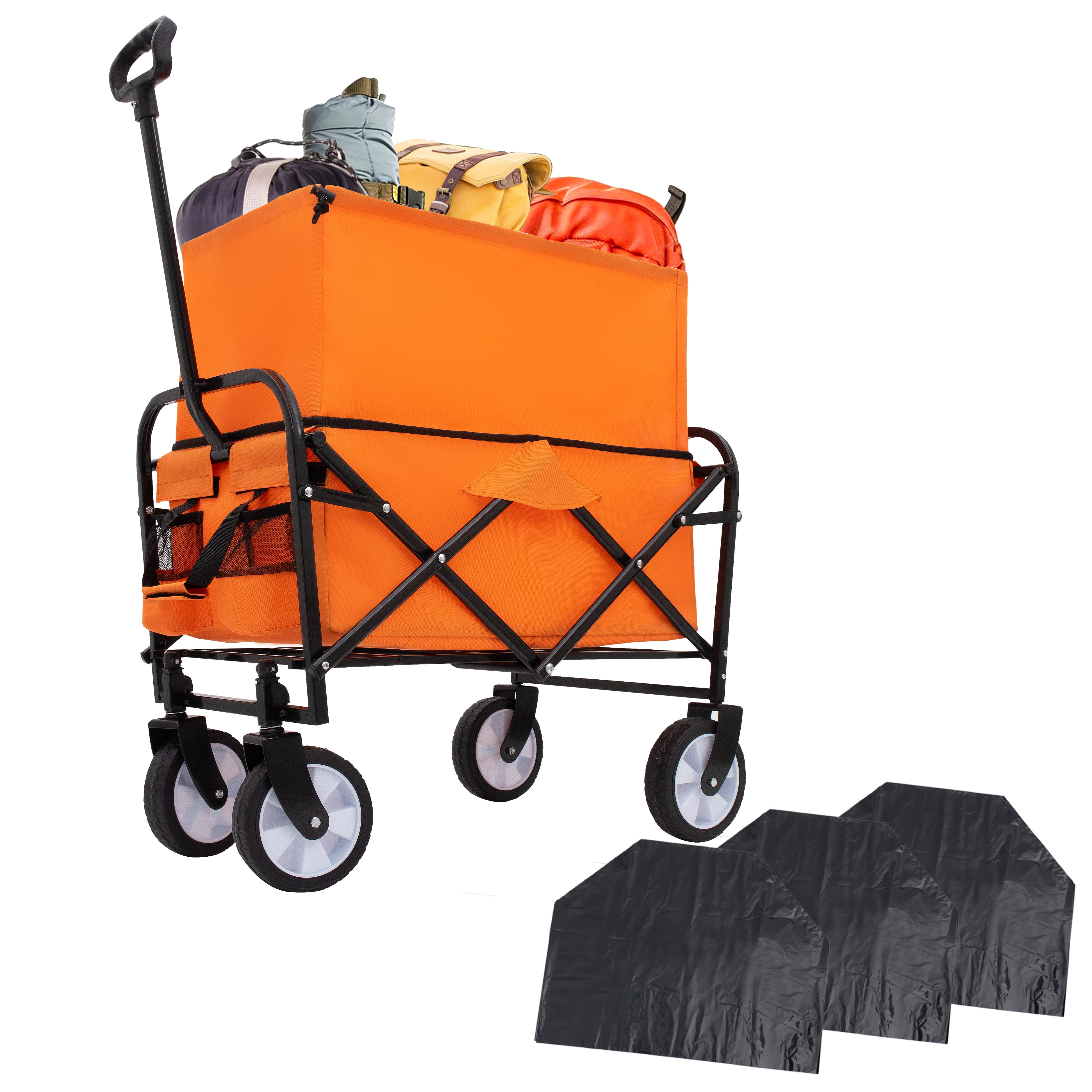 Furnibear Heavy-Duty Folding Wagon Cart with All-Terrain Wheels,Includes 3 Liner Bagsfor Camping, Beach, Grocery,Orange