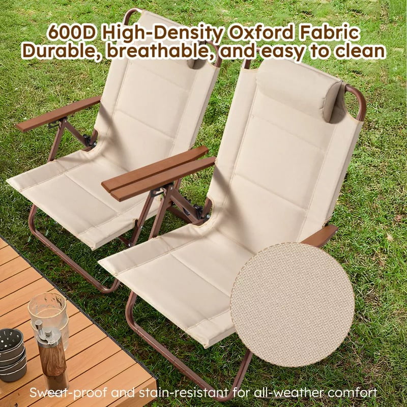 Furnibear Folding Lounge Chair 3-Position Adjustable Recline Camping Chair with Wood-Grain Armrests